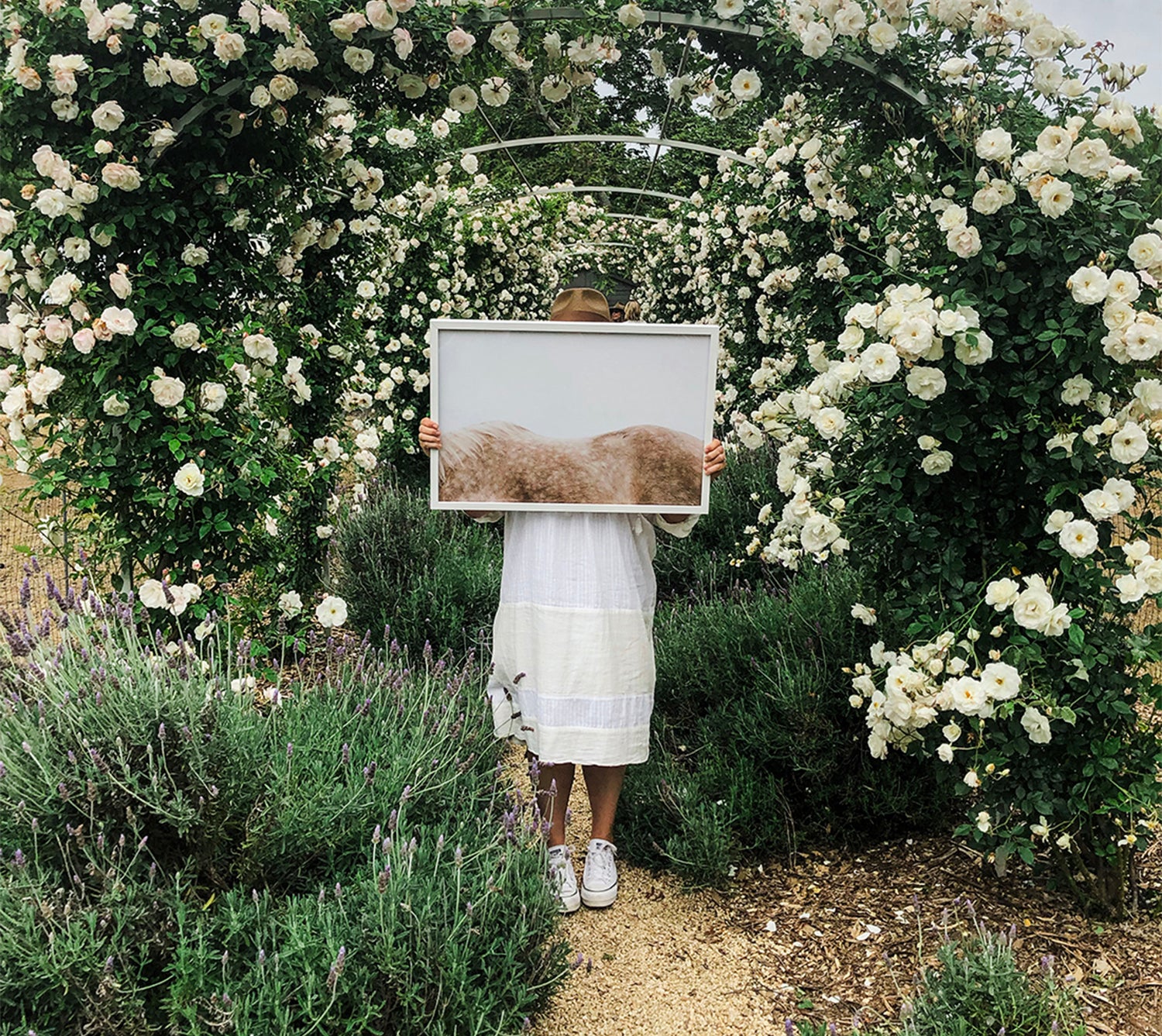 denise crew holds a framed abstract wall art print above in face in a grove of flowers