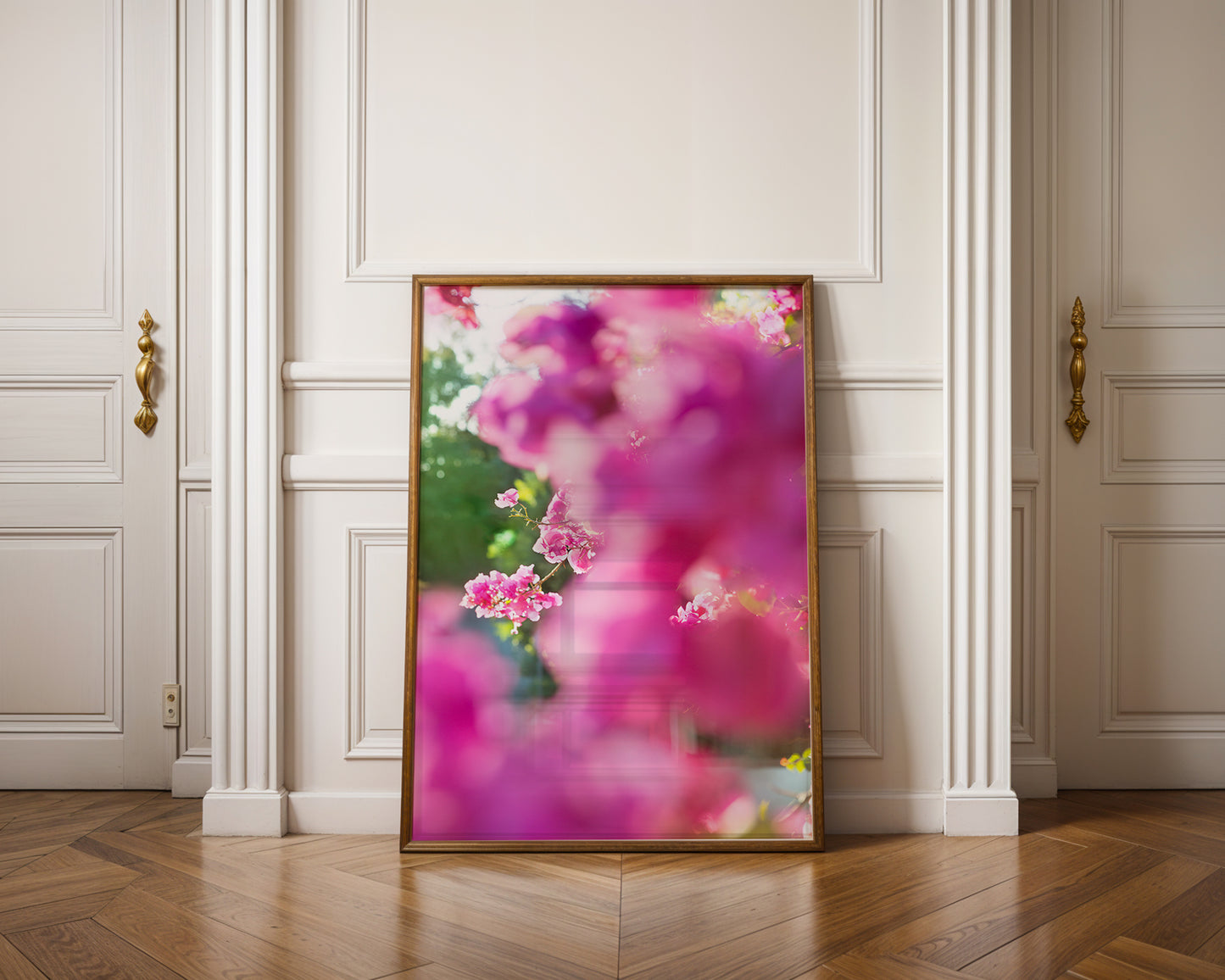 BEACHWOOD BOUGAiNViLLEA framed art featuring dreamy pink bougainvillea flowers with golden sunlight glow on matte paper.