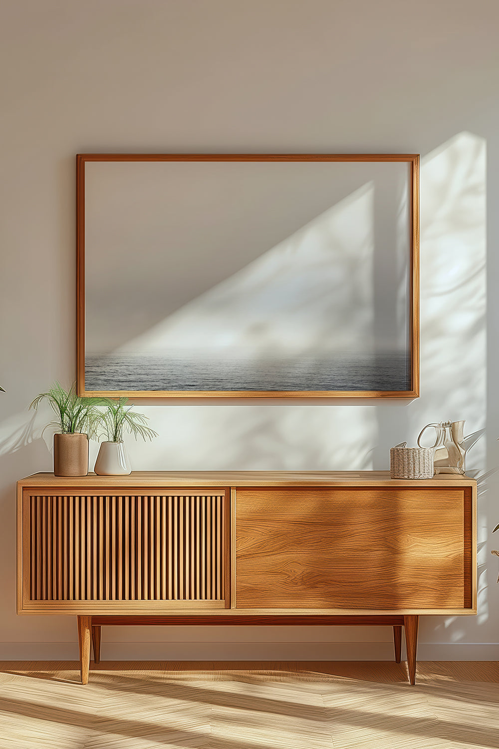 Black and white ocean view with fog and gentle waves – minimalist seascape photography