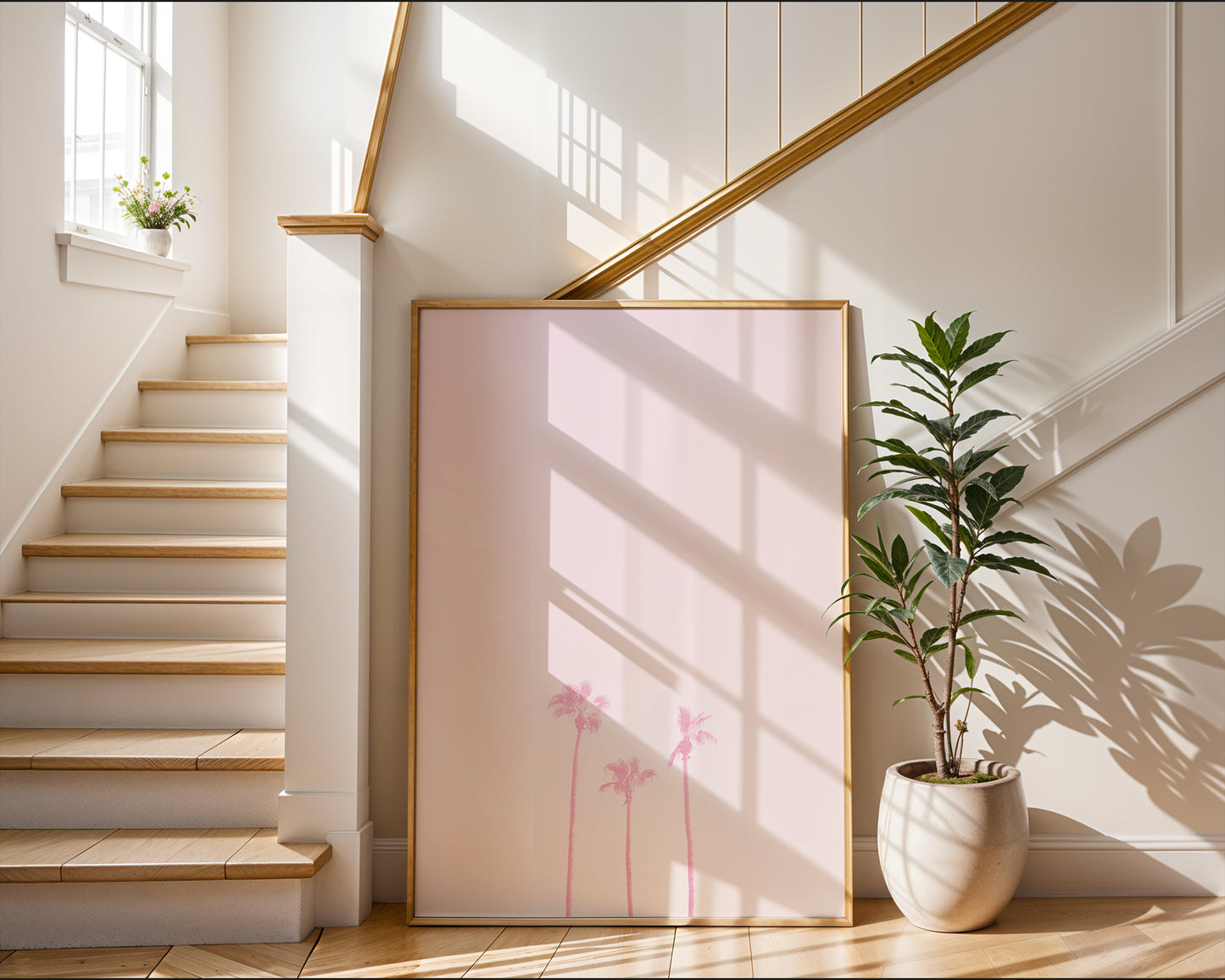 FAMiLLE DE TROiS soft pink haze photograph of three palm trees in a minimal desert setting leaning on staircase wall.