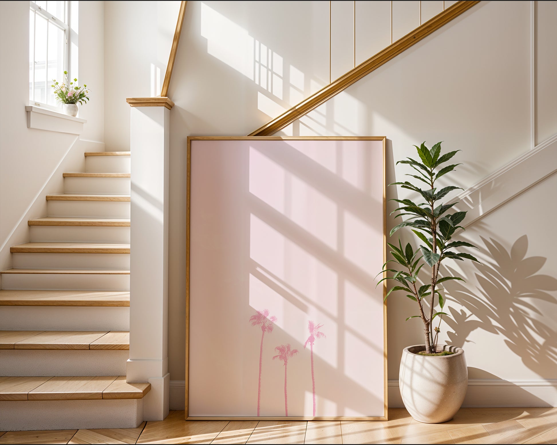 FAMiLLE DE TROiS soft pink haze photograph of three palm trees in a minimal desert setting leaning on staircase wall.