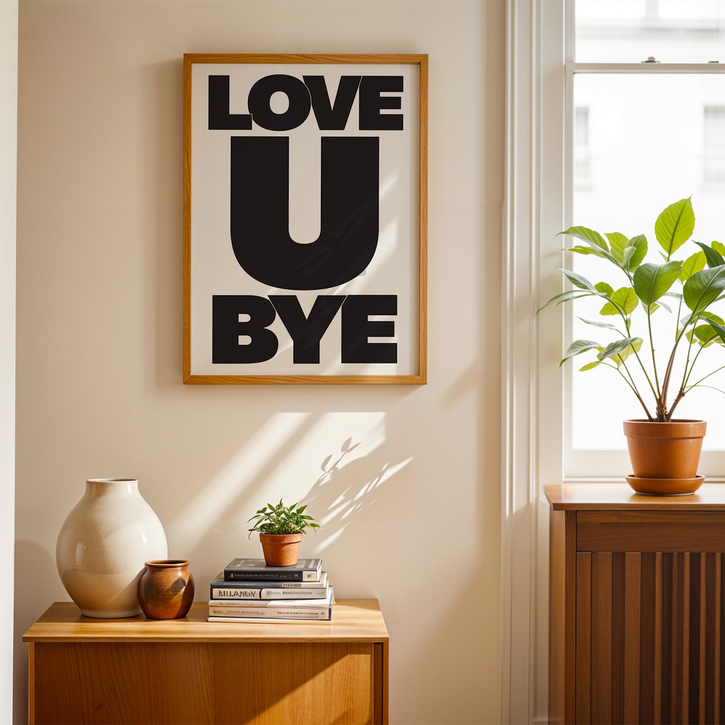 LOVE U BYE poster with bold black typography in a modern living room with plants and wooden furniture.