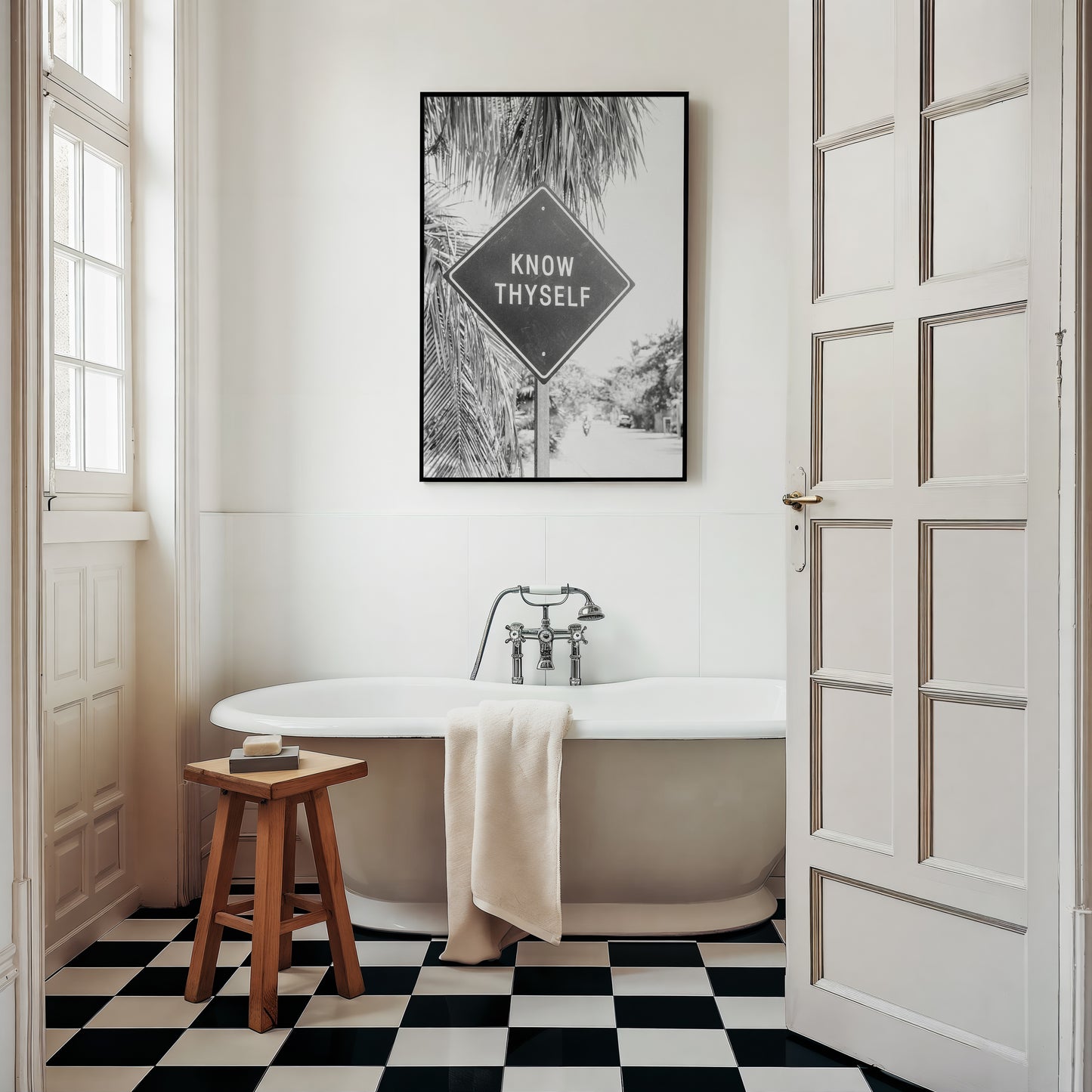 KNOW THYSELF black-and-white Tulum road sign art print in minimalist bathroom with palm trees and checkerboard floor.
