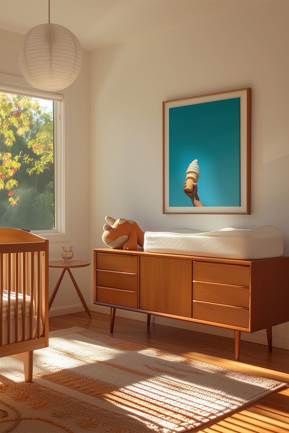 IN FROSTiES WE TRUST print of child’s hand holding soft-serve ice cream cone against blue sky in bright nursery room.