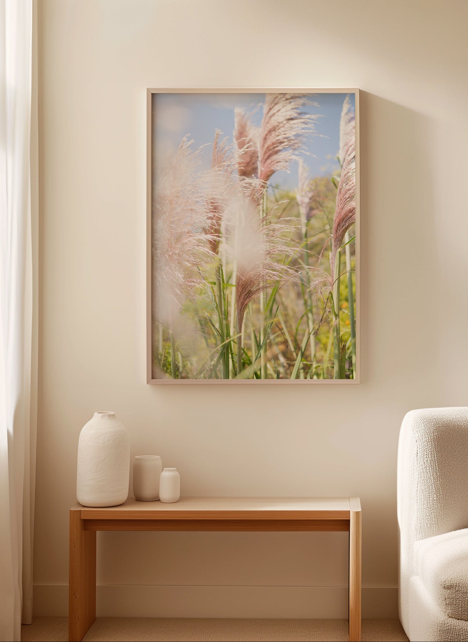LA PAMPA framed photo of soft pampas grass swaying in breeze, perfect for modern boho and serene interiors.