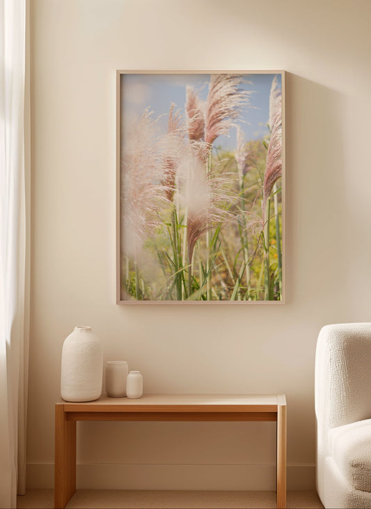 LA PAMPA framed photo of soft pampas grass swaying in breeze, perfect for modern boho and serene interiors.