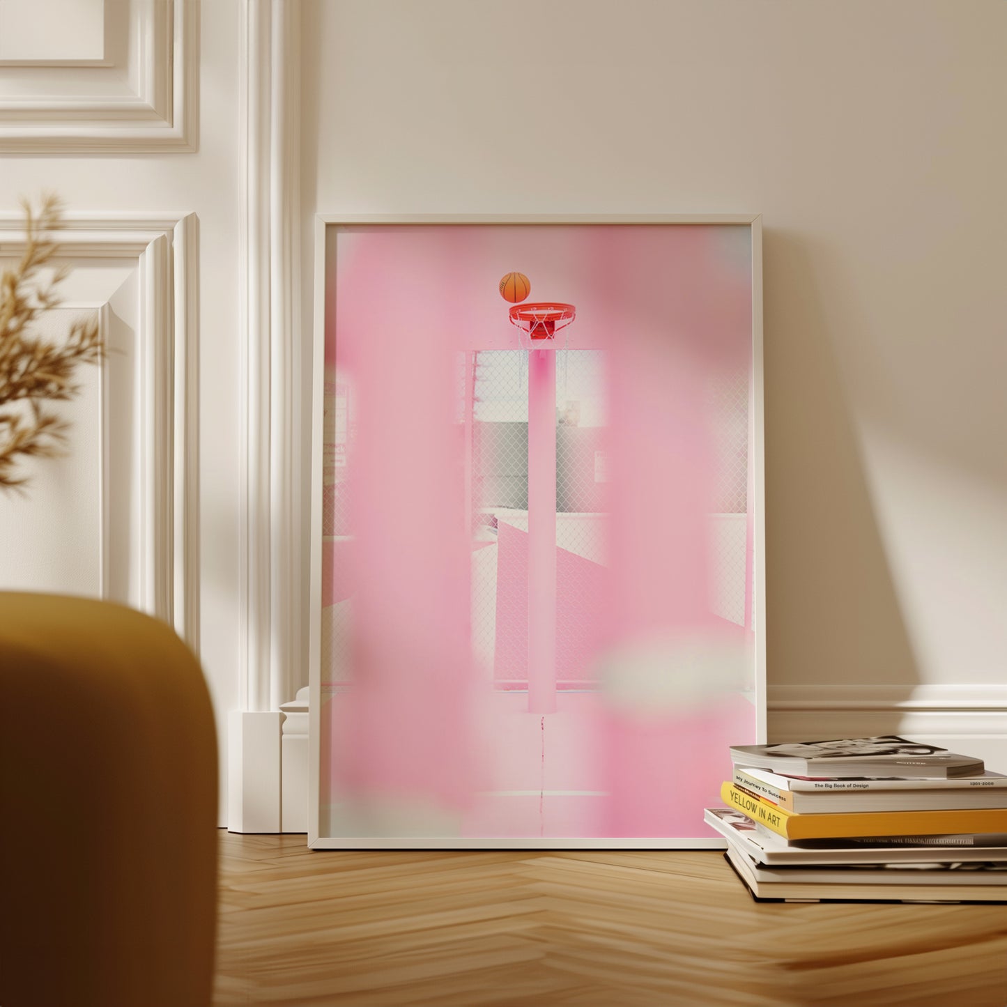 PiNK HOOPS framed art print with pink basketball hoop and orange ball in a modern, playful room setting.