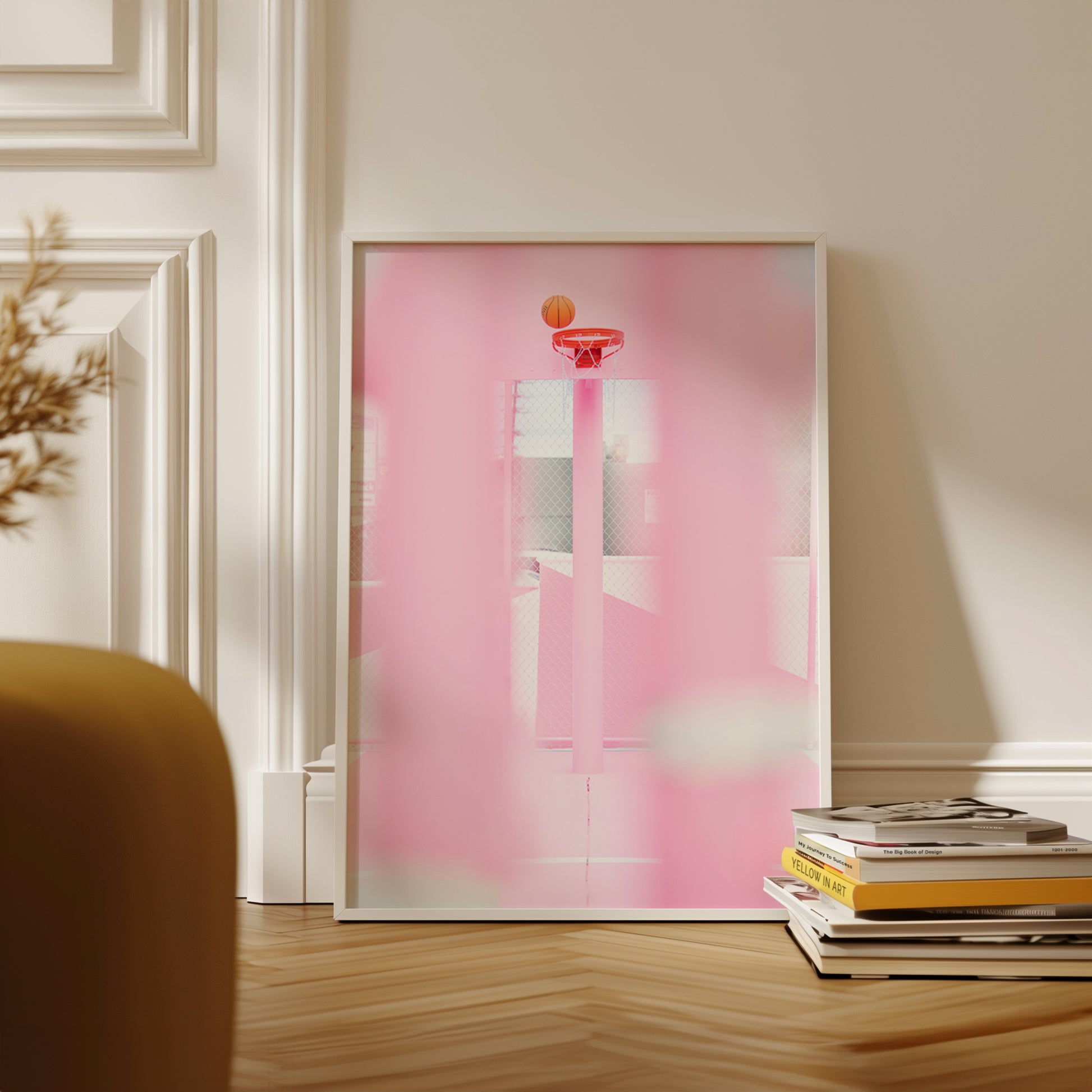 PiNK HOOPS framed art print with pink basketball hoop and orange ball in a modern, playful room setting.