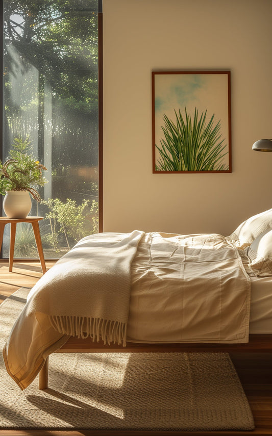 XXYY framed yucca plant photograph in a bright bedroom with natural light and minimalist décor.