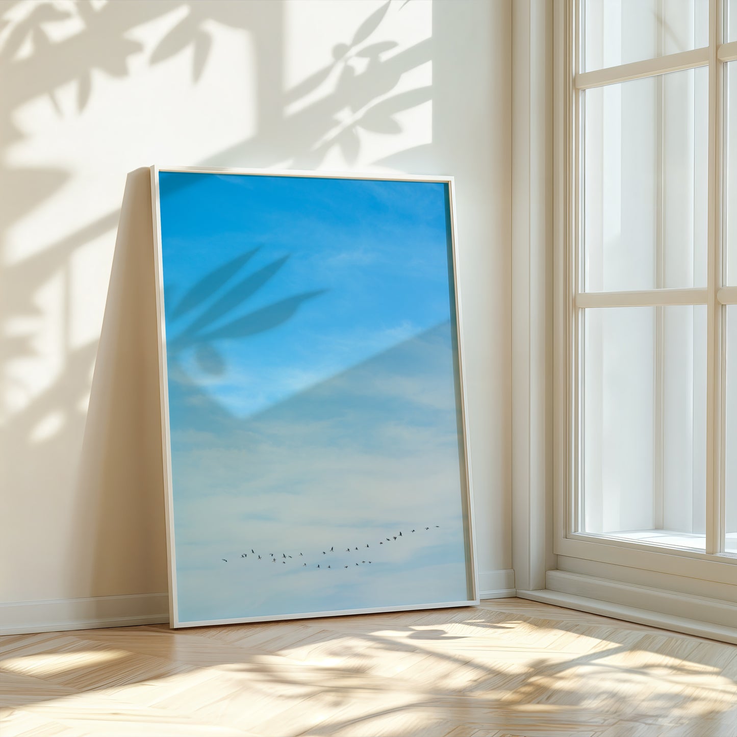 WHERE YOU LEAD framed art with soft sky and V-formation birds, creating a calm and modern minimalist wall decor.