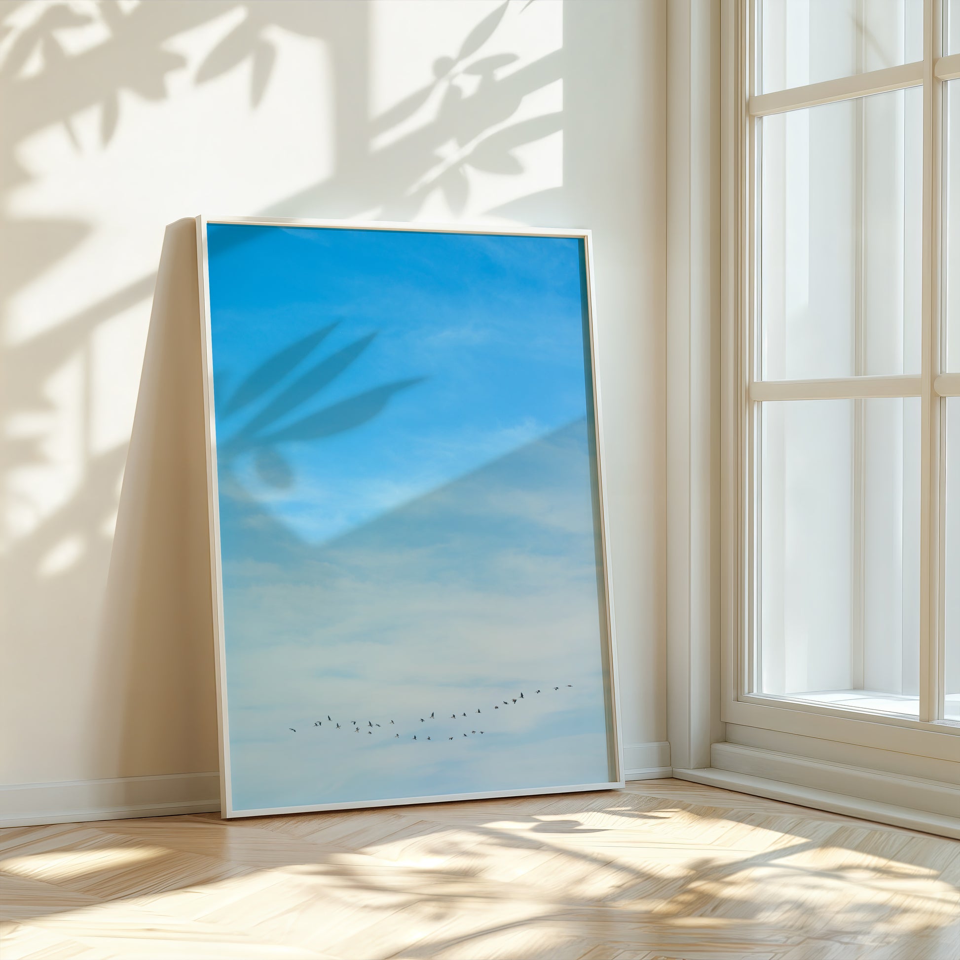 WHERE YOU LEAD framed art with soft sky and V-formation birds, creating a calm and modern minimalist wall decor.