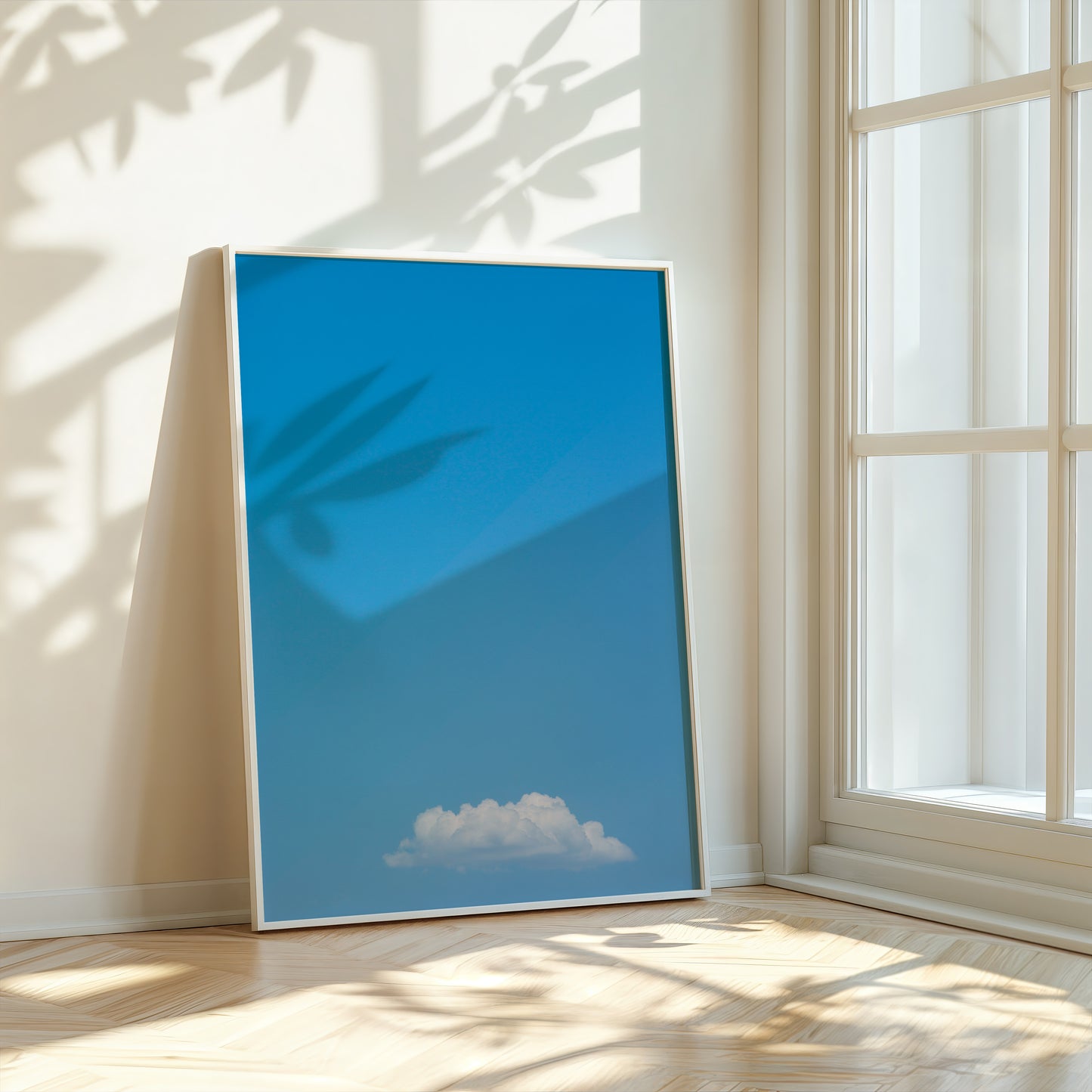 Minimalist photograph of a single fluffy cloud in a blue sky titled MEANWHiLE, perfect for calm, modern interiors.