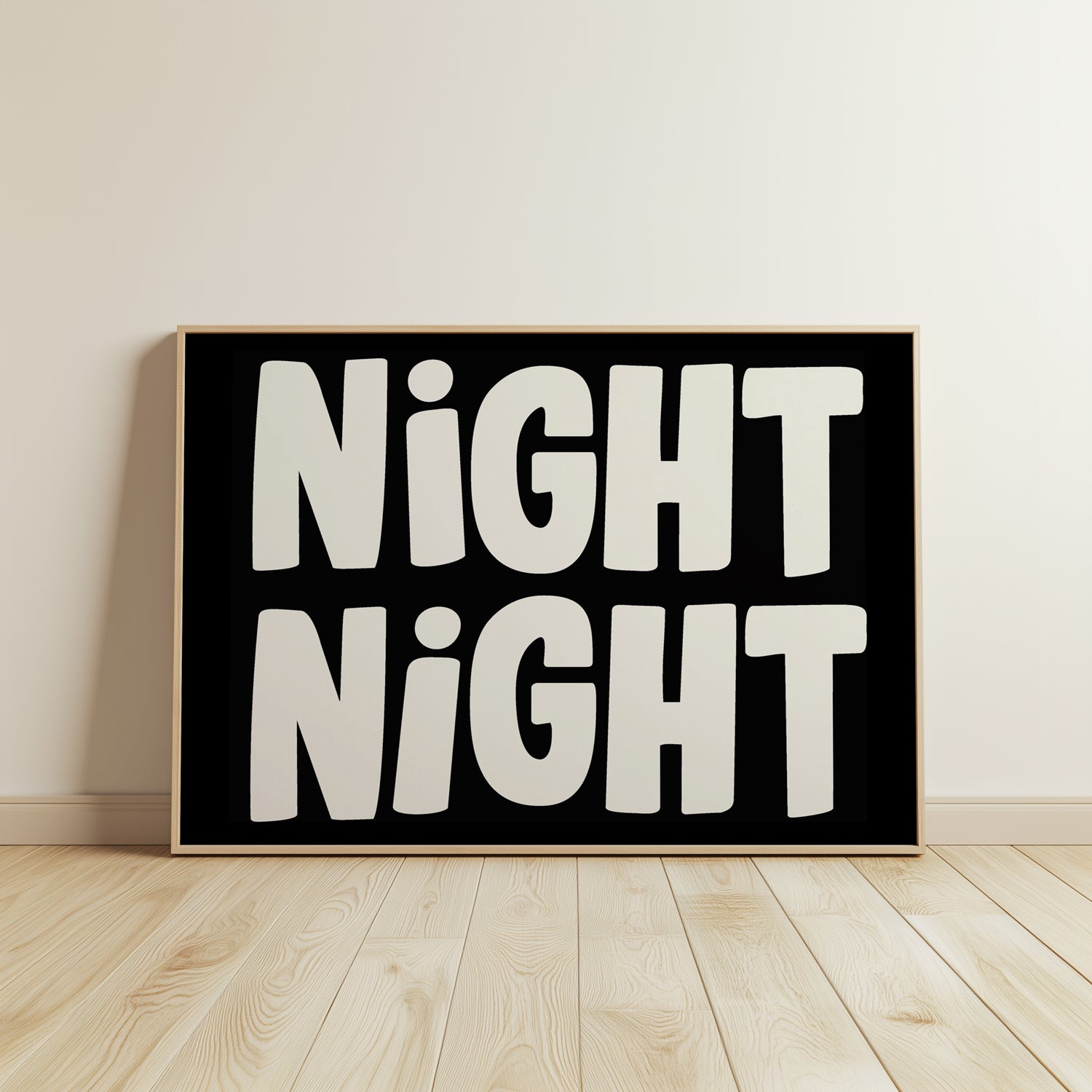 NiGHT NiGHT poster with bold off-white handwritten typography on black background, perfect for bedroom or nursery wall art.