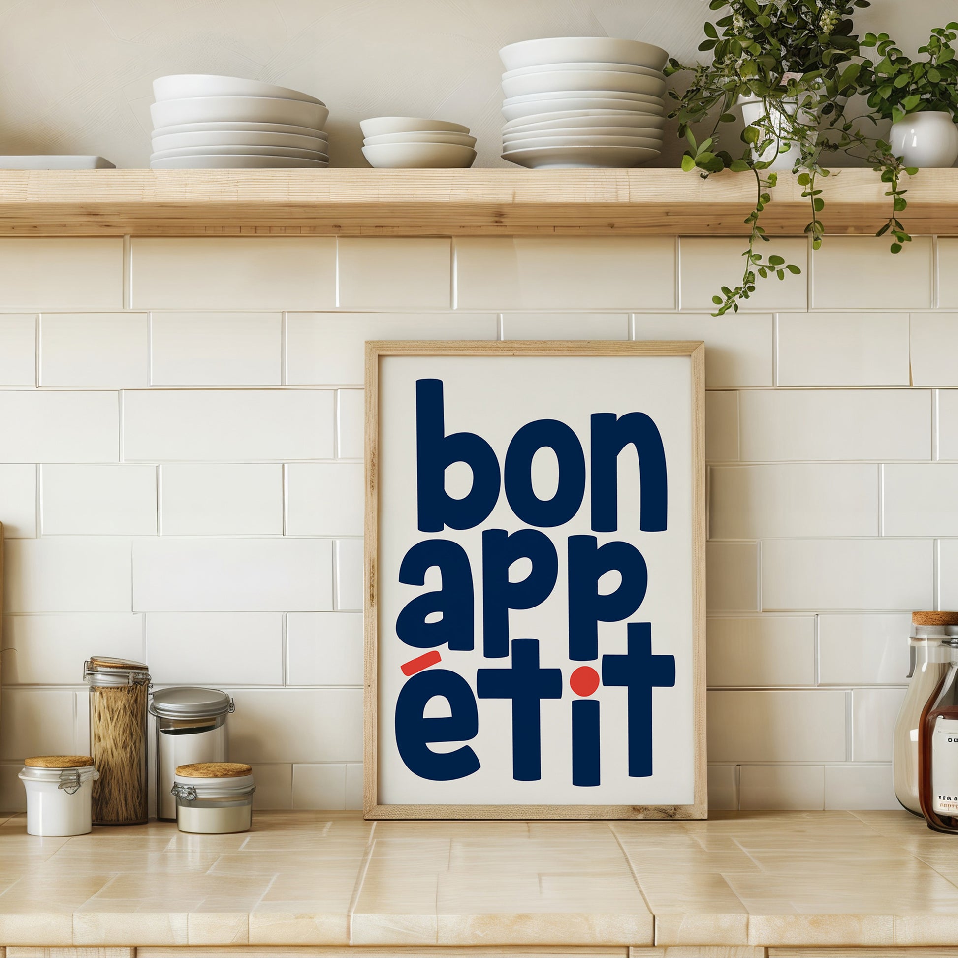 BON APPÉTiT poster with bold navy typography and red accents, perfect modern kitchen or dining room art print.