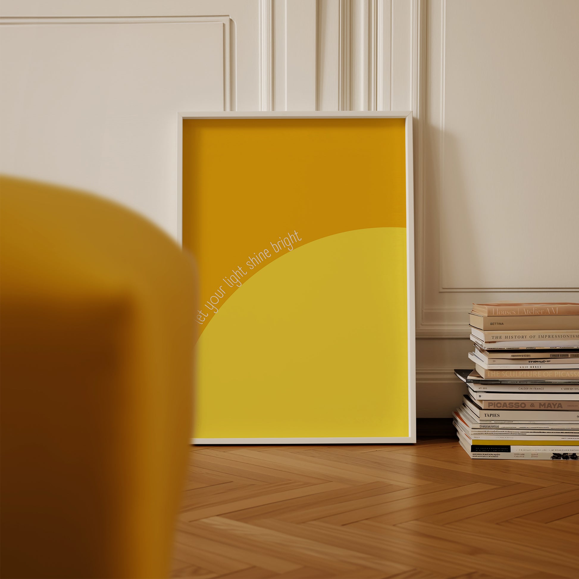 LET YOUR LiGHT SHiNE BRiGHT yellow abstract poster with positive message, minimalist modern design for brightening spaces.