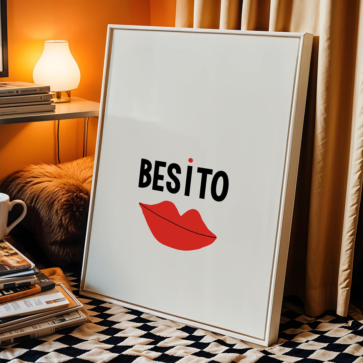 besito kiss with hand drawn lips typography poster framed minimalist modern wall art by denise crew