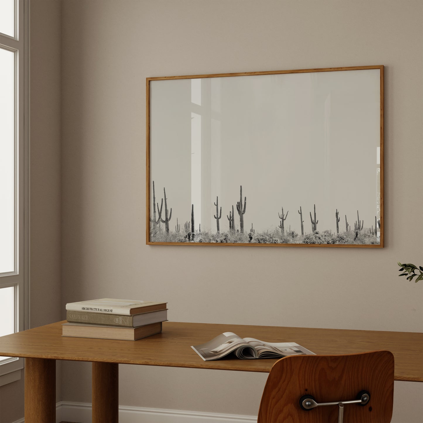 CARNEGiE GiGANTE black and white photo print of saguaros in desert landscape in modern minimalist interior