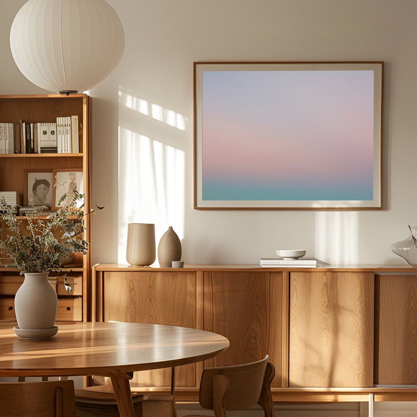ALL SAiNTS SUNSET pastel gradient art print with coral, pink, lavender, blue, and aqua tones in a minimalist room setting.
