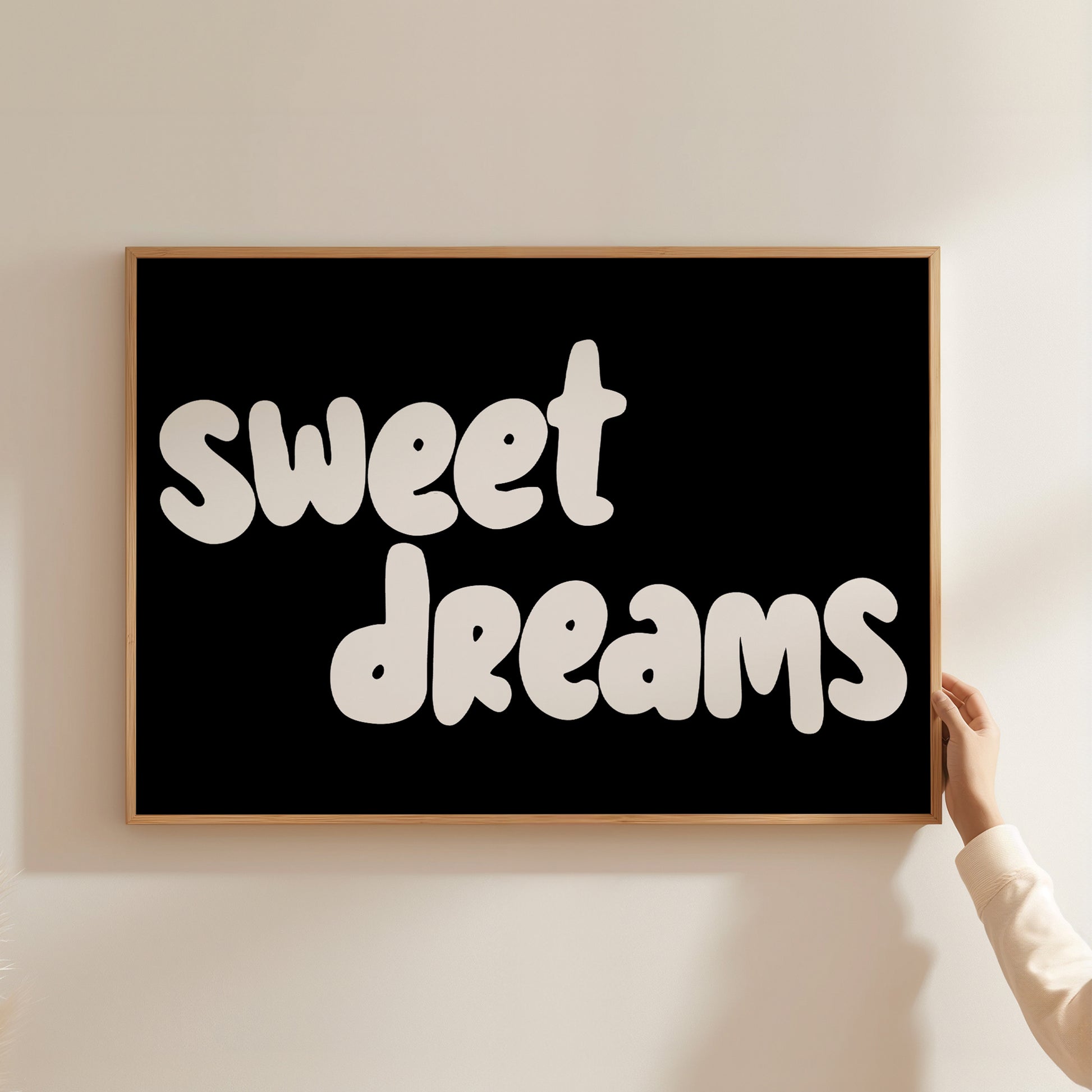SWEET DREAMS poster with bubbly white text on black background, perfect for nursery or child's bedroom decor.