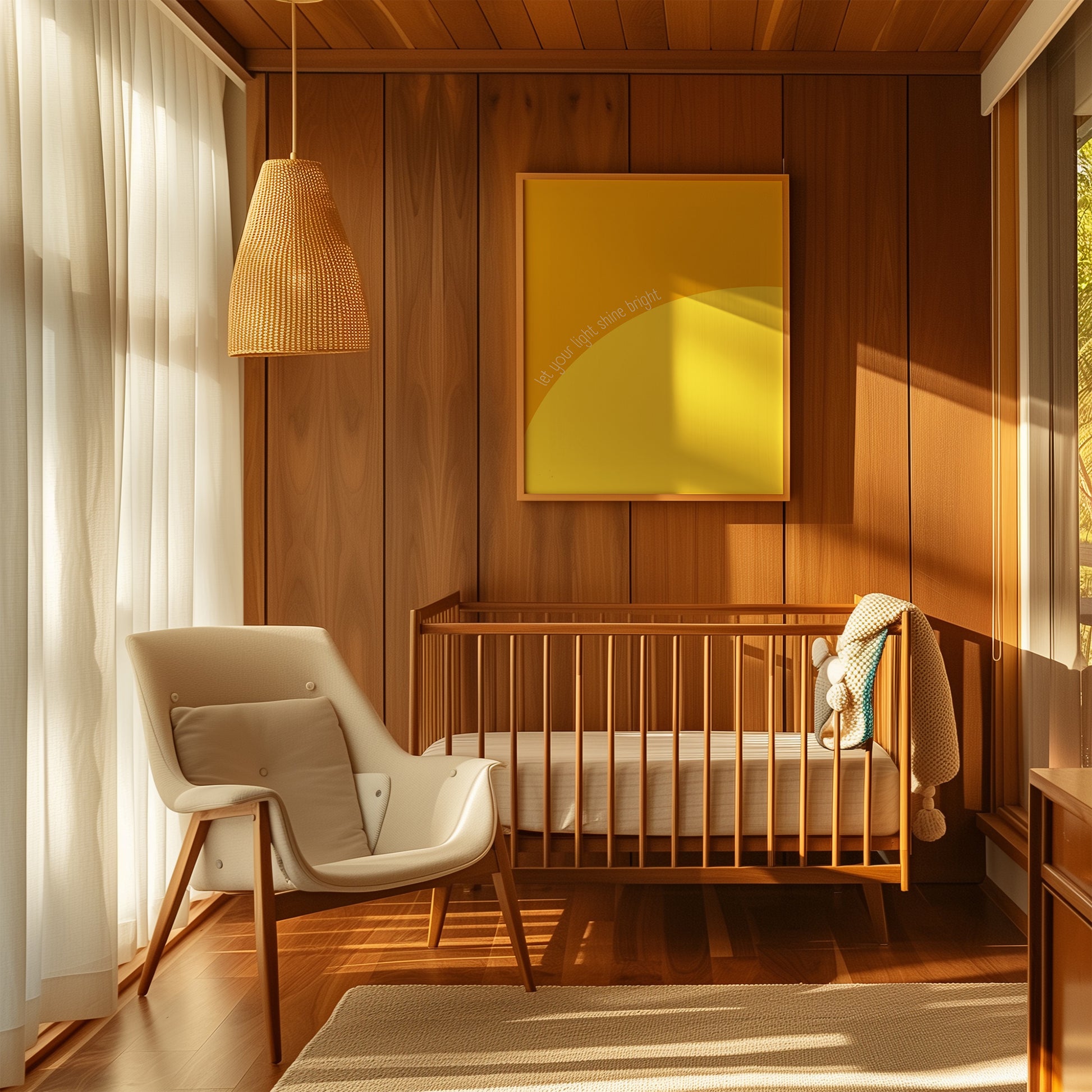 LET YOUR LiGHT SHiNE BRiGHT vibrant yellow abstract art poster in a cozy wooden nursery room with natural light.