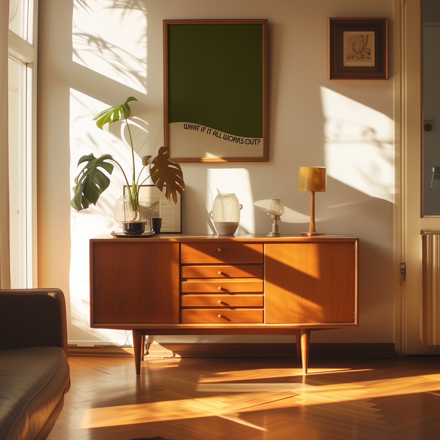 WHAT iF iT ALL WORKS OUT poster with olive green wavy text above wooden sideboard in sunlit minimalist room