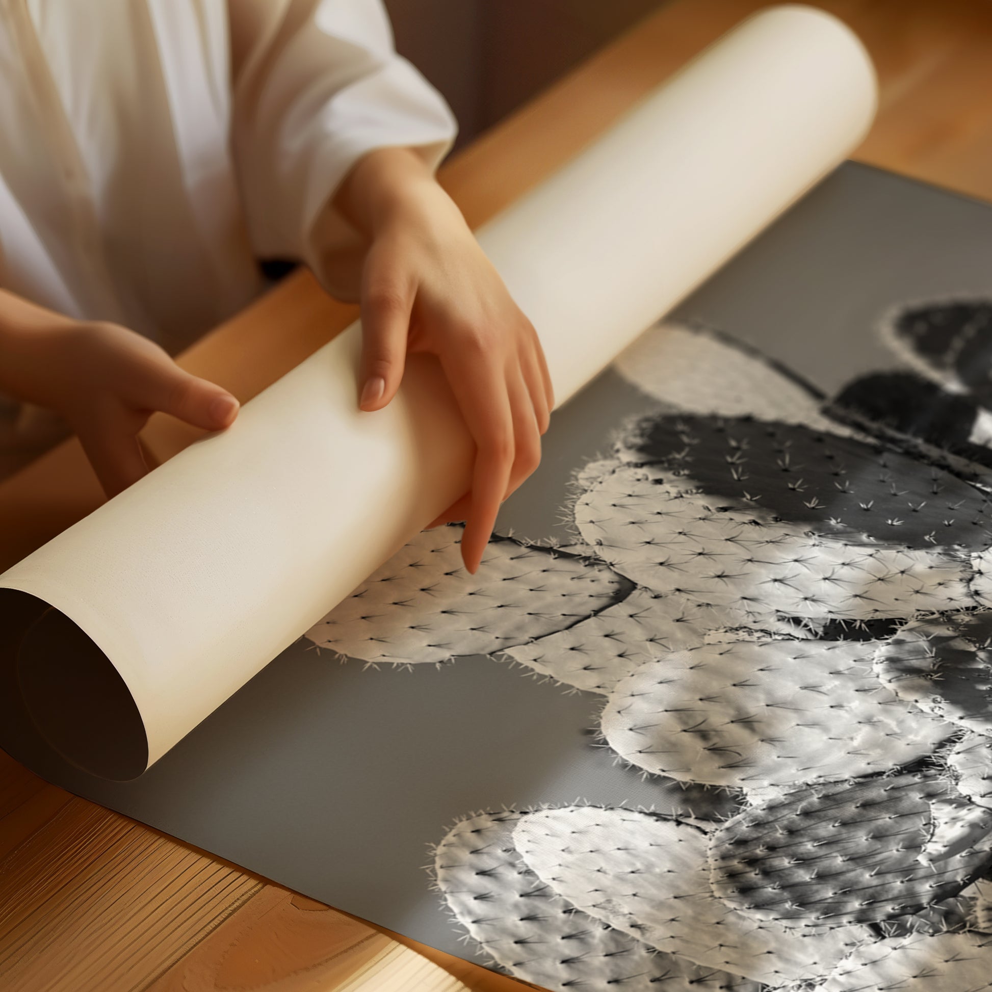 Black and white fine art photograph of a prickly pear cactus cluster under clear desert sky, with dramatic shadows and striking texture.