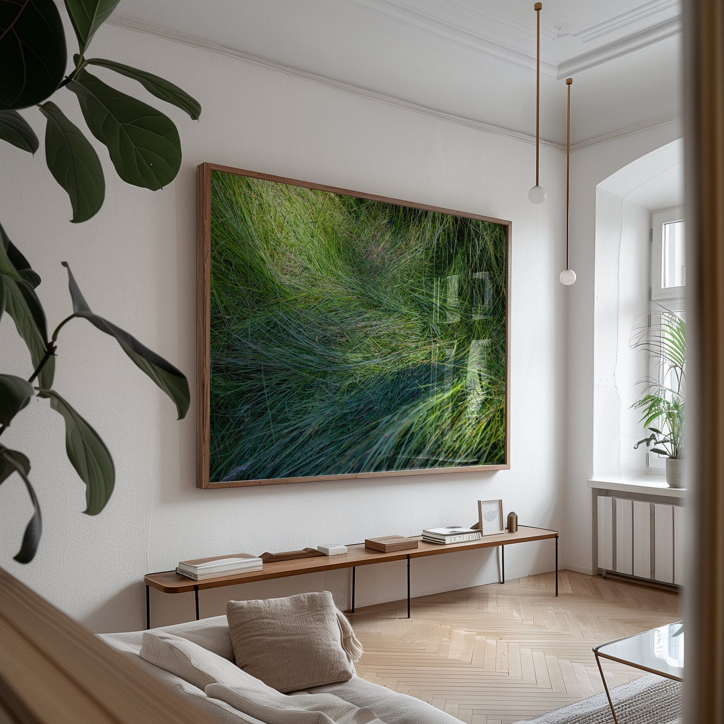 minimalist abstract modern photograph of long green grass where I deer sletp