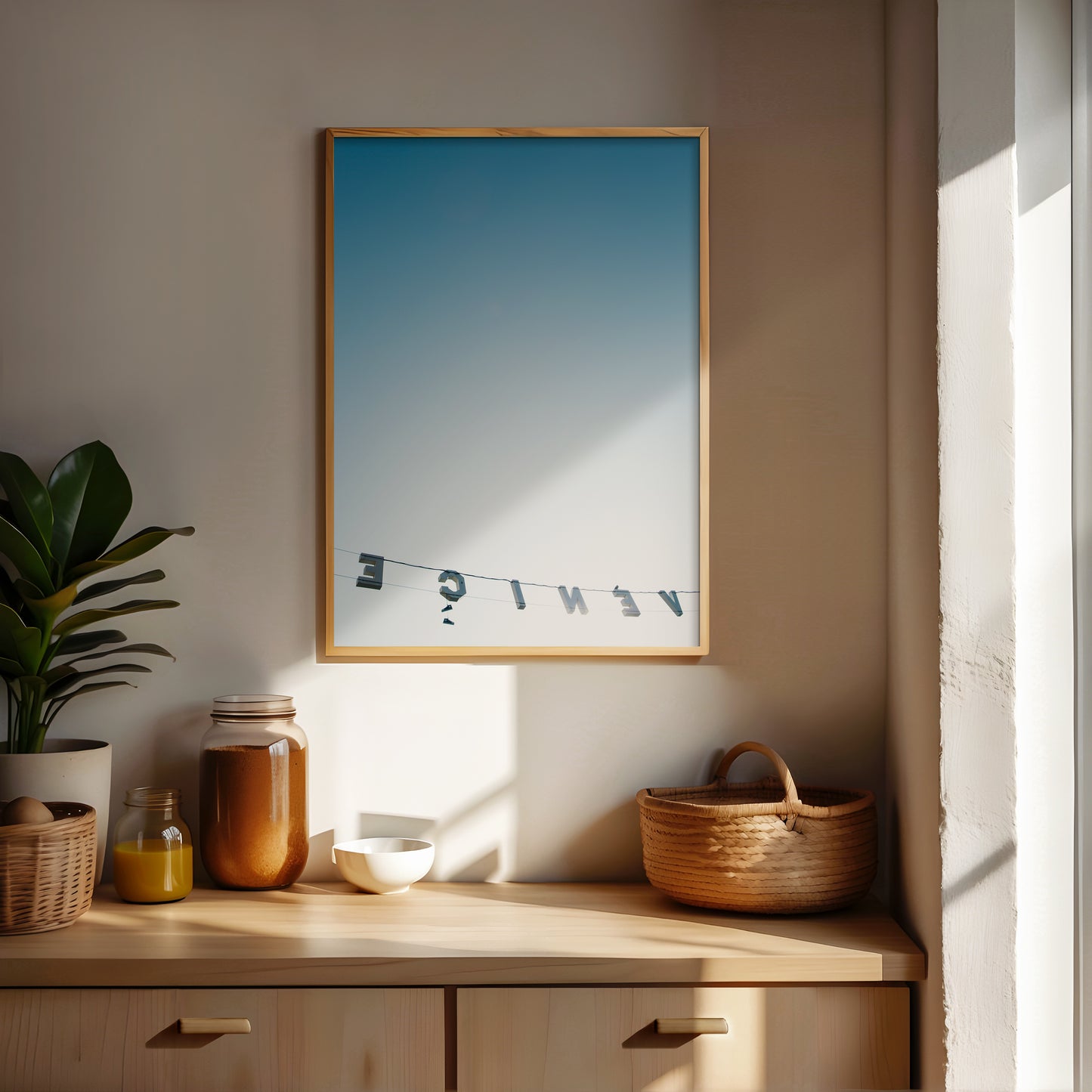 BACKWARDS art print shows reversed Venice sign with soft blue sky, perfect for modern West Coast interiors.