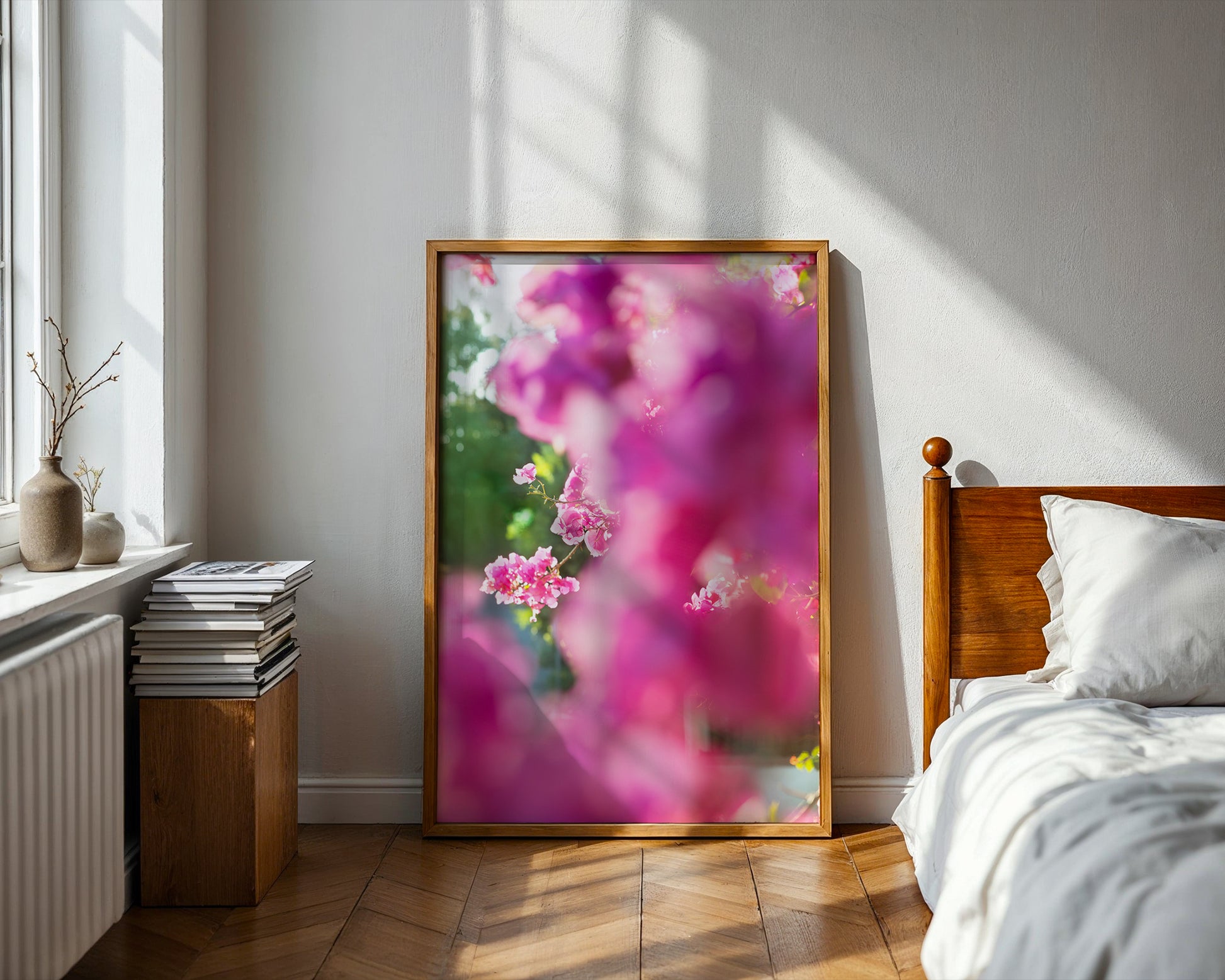 BEACHWOOD BOUGAiNViLLEA framed art print with pink bougainvillea flowers glowing in soft afternoon sunlight.