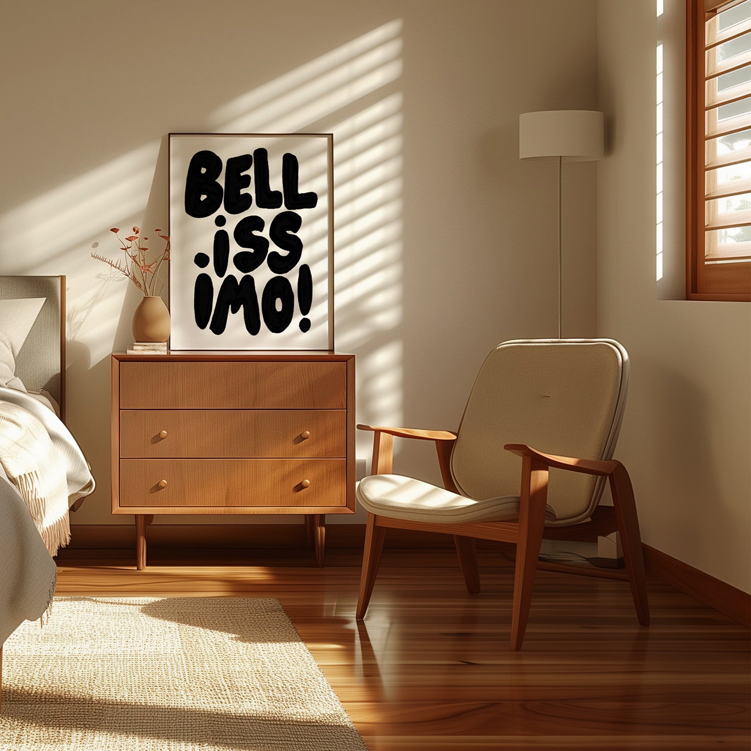 Framed BELLiSSiMO! black & white poster with bold hand-lettered typography in a cozy modern bedroom setting.