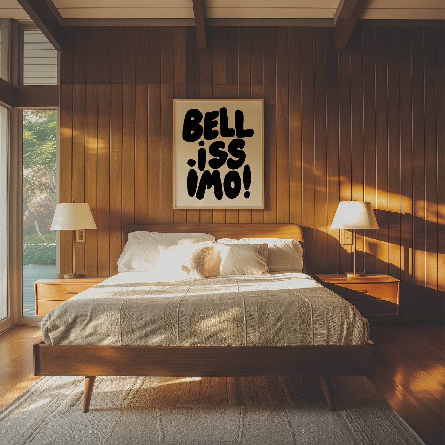BELLiSSiMO! black & white poster with bold hand-lettered typography hanging above bed in cozy wood-paneled bedroom