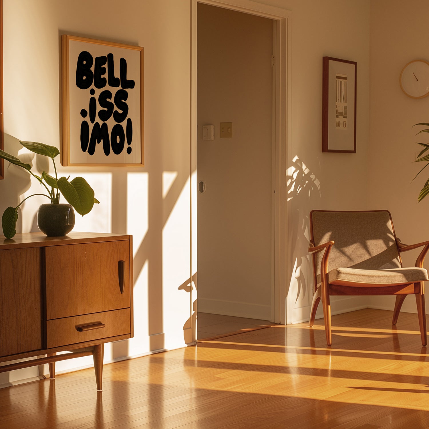 BELLiSSiMO! black & white poster with bold hand-lettered typography in a sunlit modern living space.