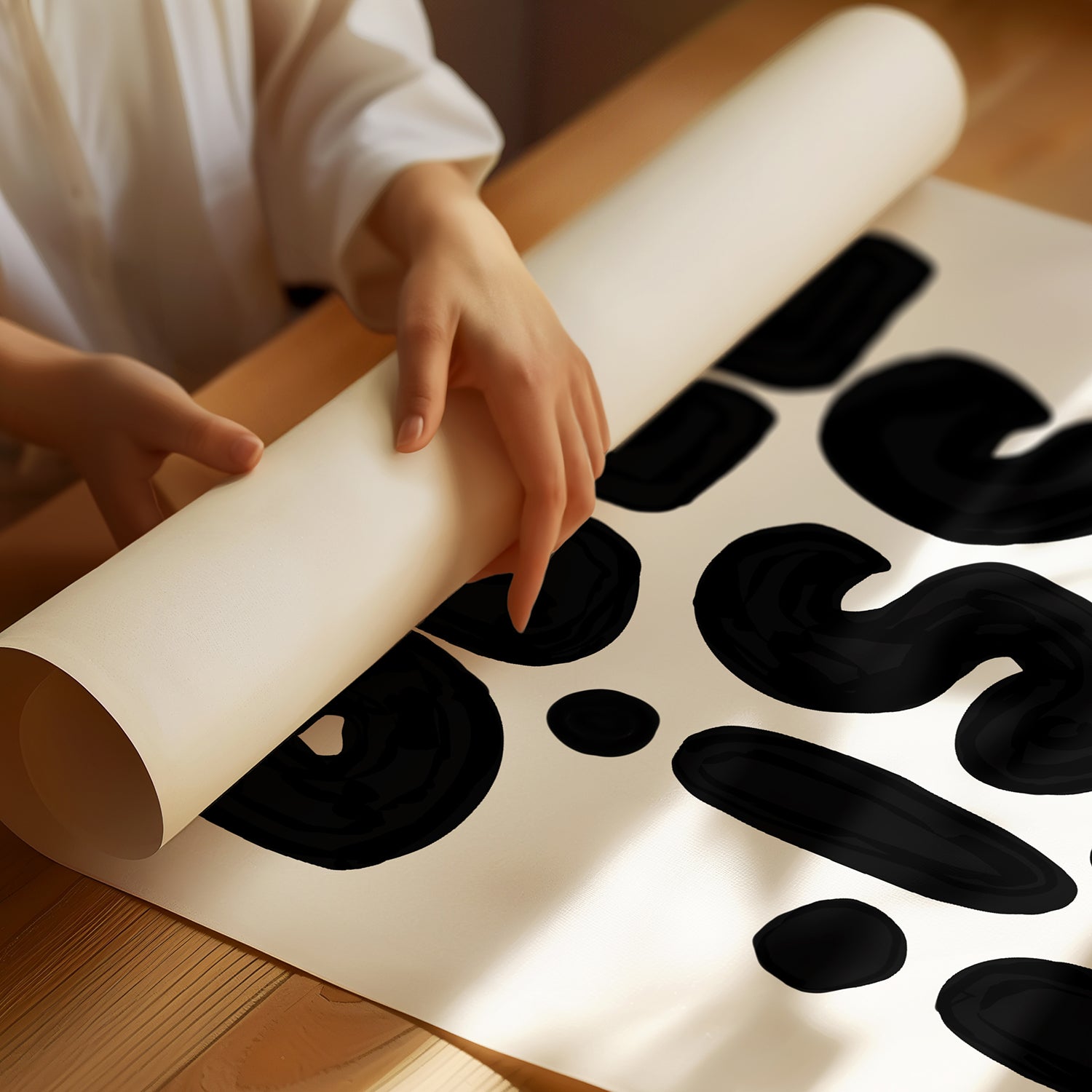 Person unrolling the BELLiSSiMO! black & white poster with bold black abstract shapes on matte paper.