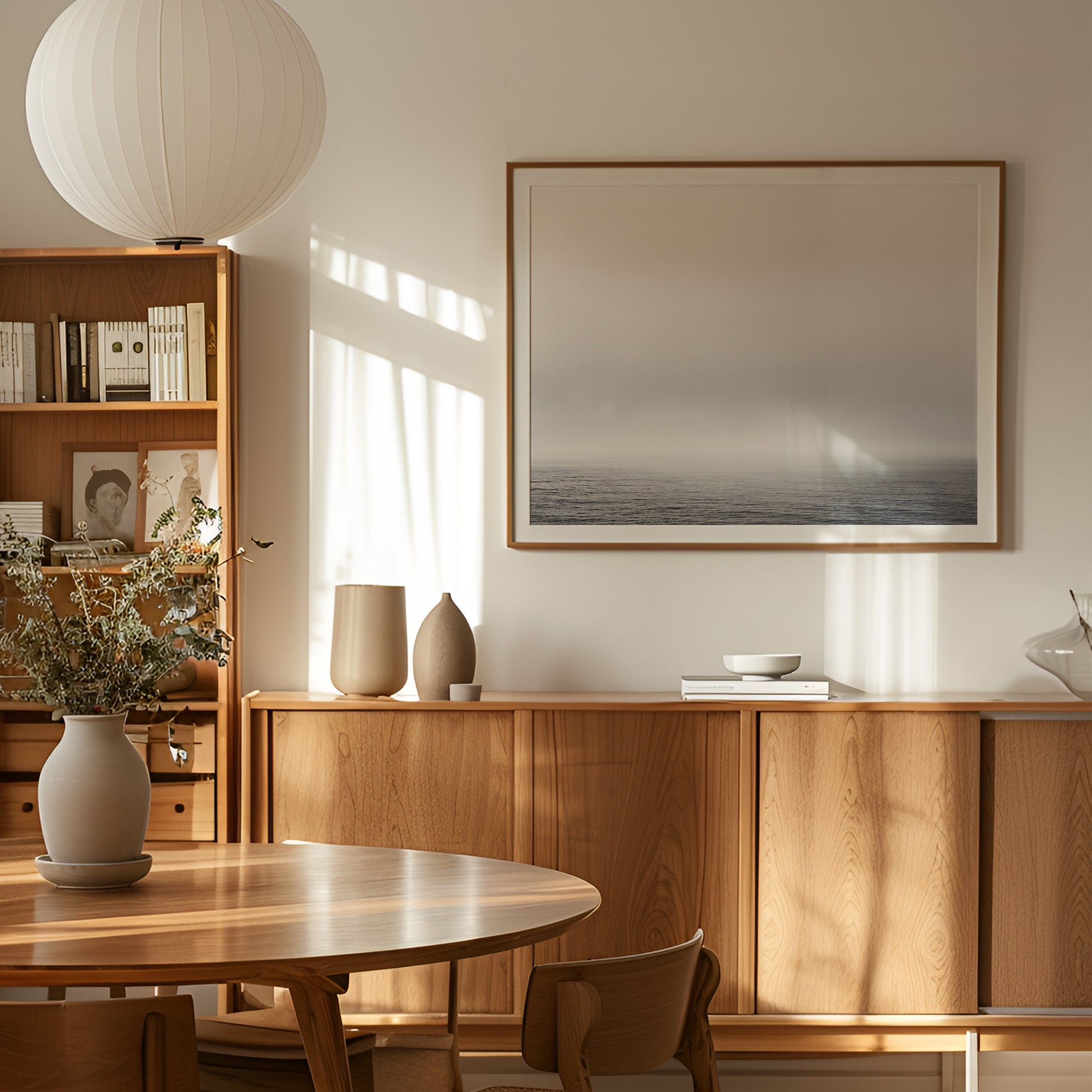 BiG MAGiC minimalist seascape art in calming modern interior with soft foggy horizon and light burst.