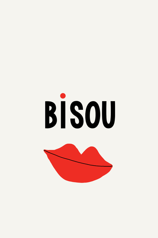 bisou typography with hand drawn lips poster minimalist modern wall art by denise crew