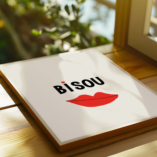 BiSOU poster with minimalist French typography and red lips print, perfect for stylish home decor or gallery walls.