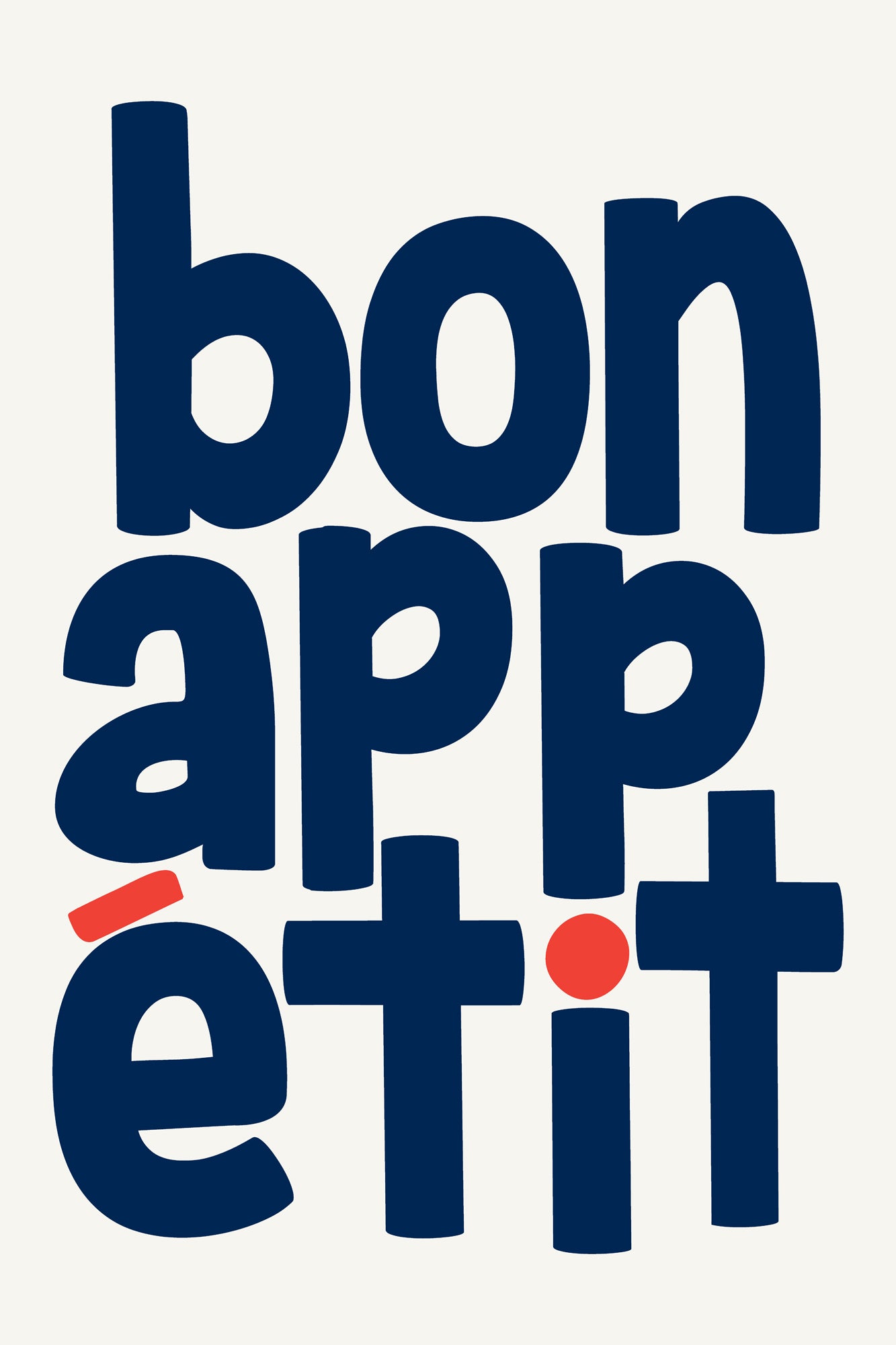 BON APPÉTiT poster with bold navy typography and red accents, perfect modern kitchen or dining room art print.