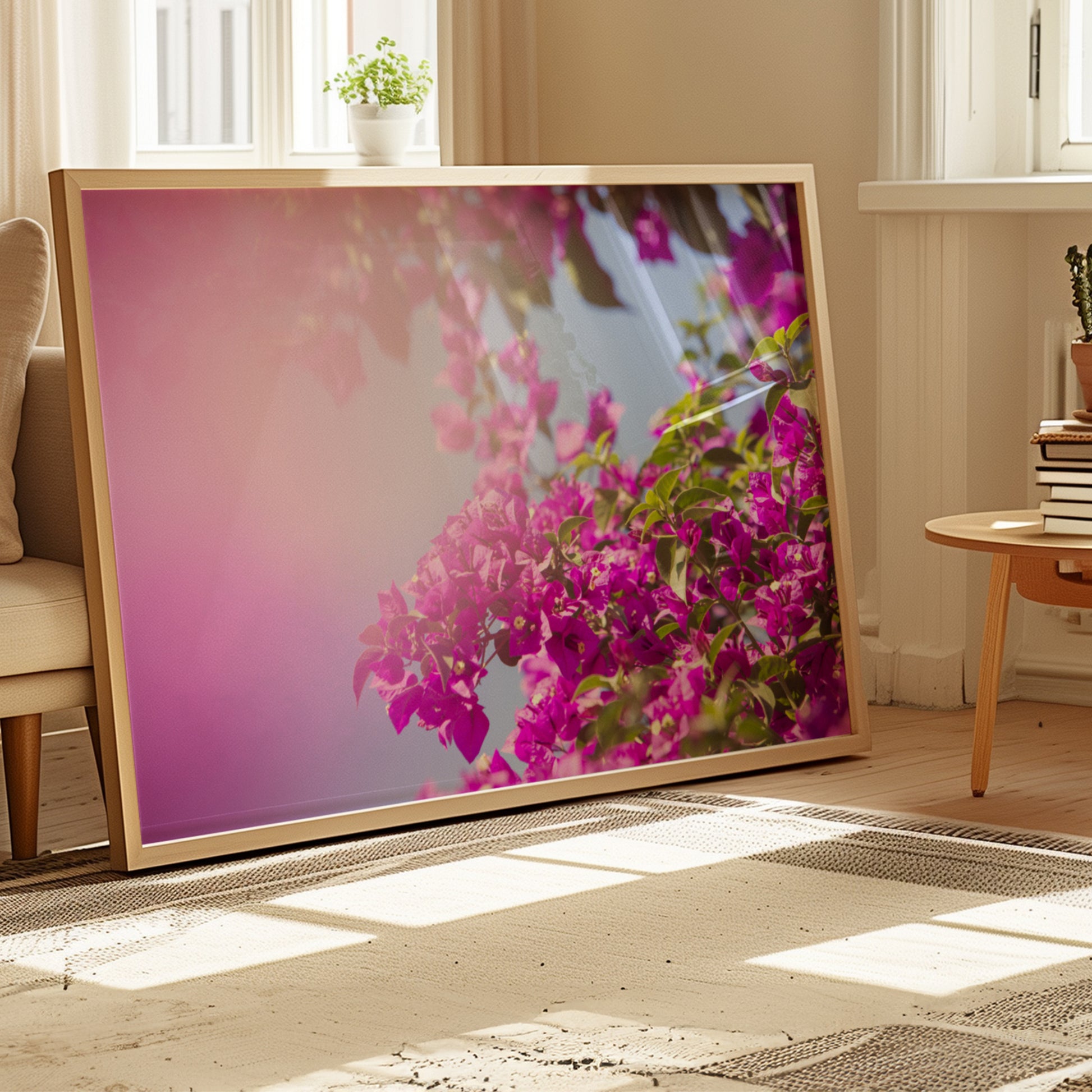 BUCKiNGHAM ROAD vibrant bougainvillea floral photo with pink and fuchsia hues brightening a sunlit room.