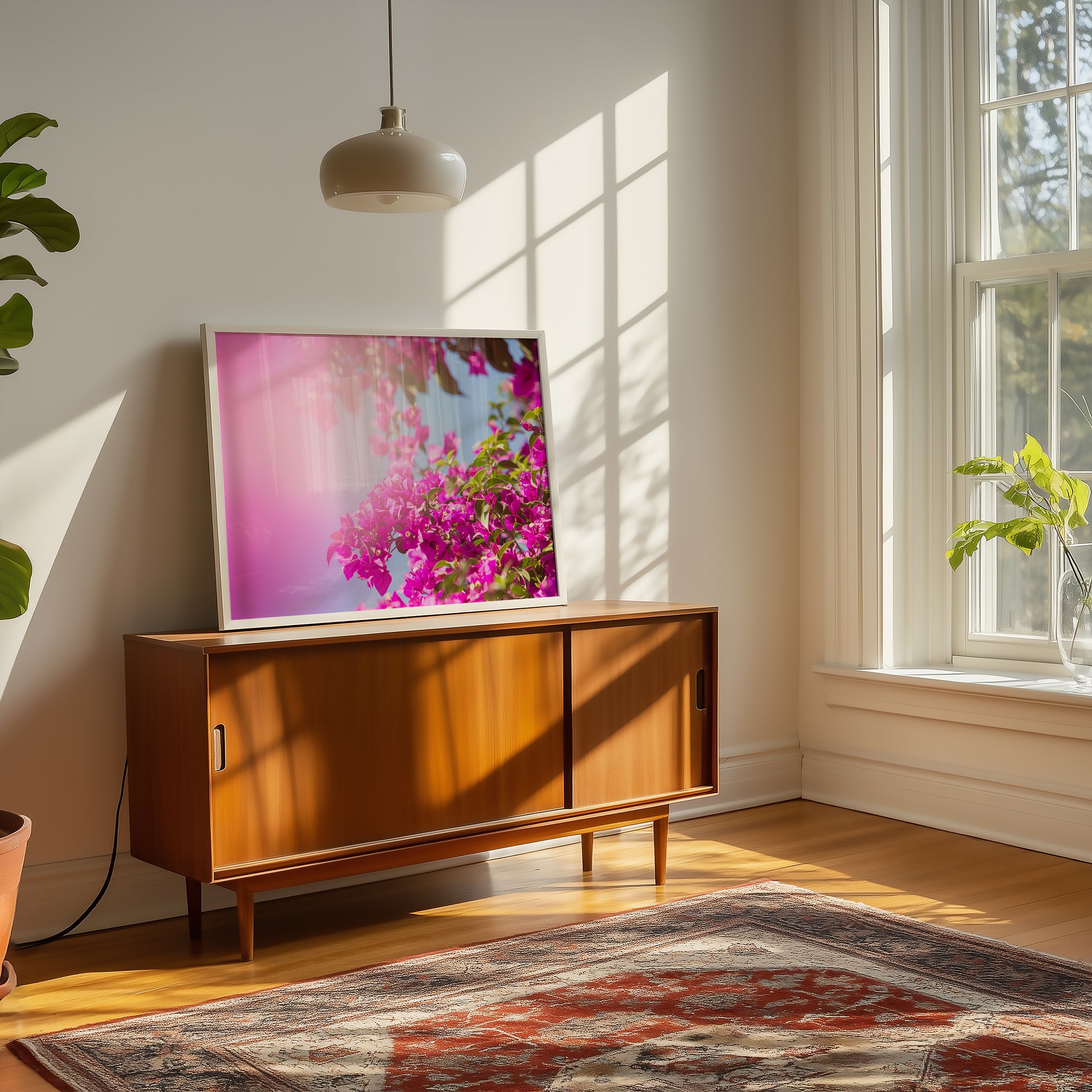 BUCKiNGHAM ROAD vibrant pink bougainvillea floral art displayed on a wooden sideboard in sunlit room.