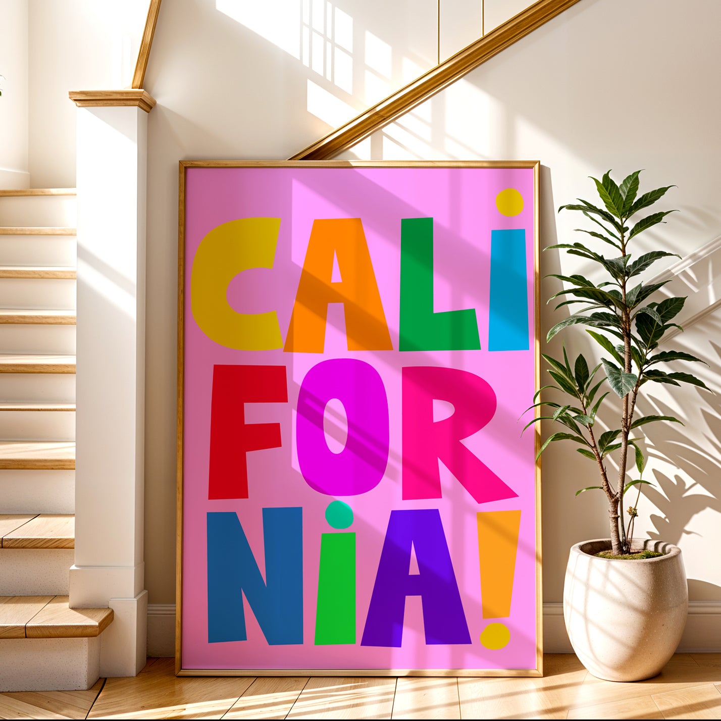 CALiFORNiA! poster with bold, colorful block letters on bright pink background, perfect for modern decor or kids' rooms.