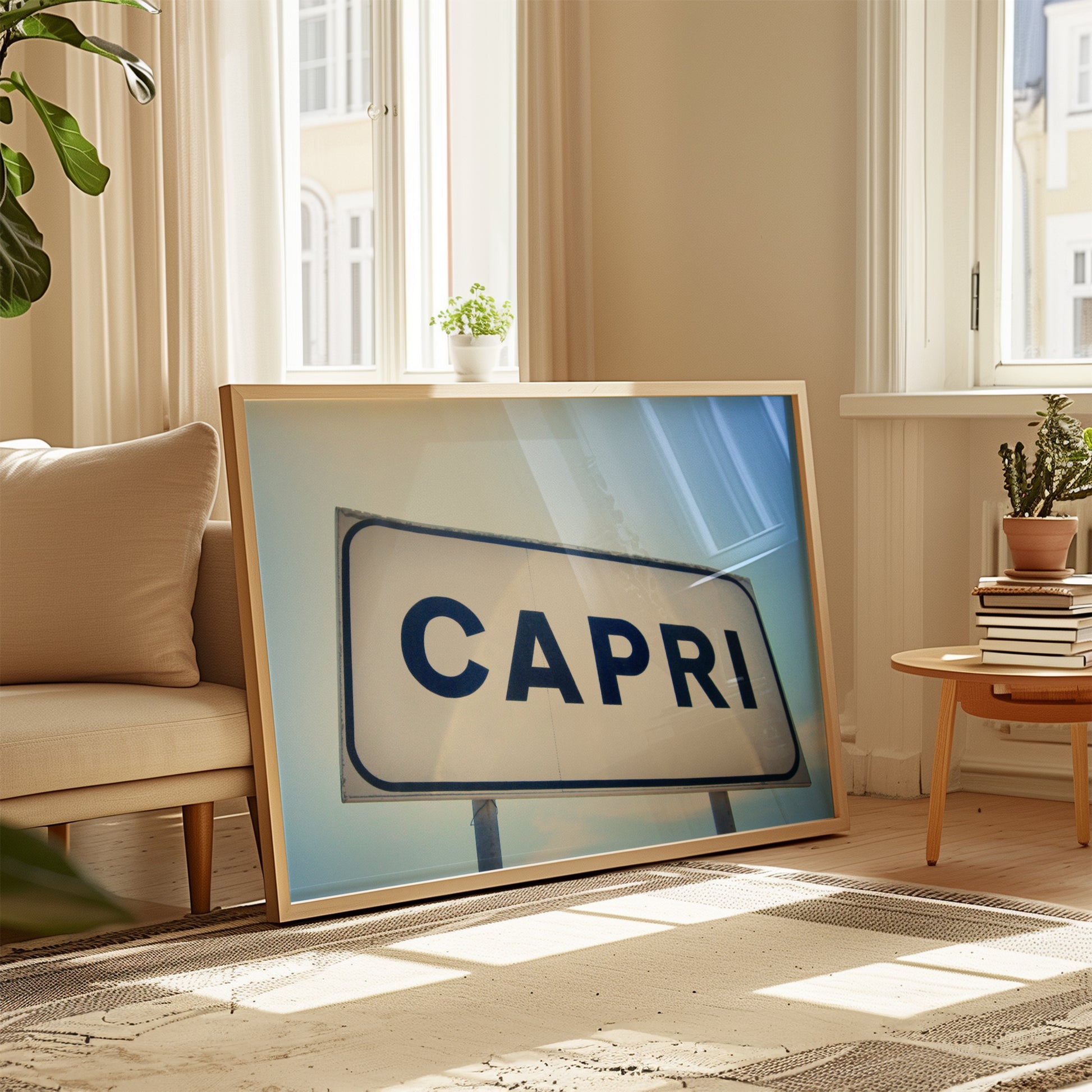 CAPRi sign art print displayed in a sunlit living room capturing Italian island summer vibes and travel inspiration.