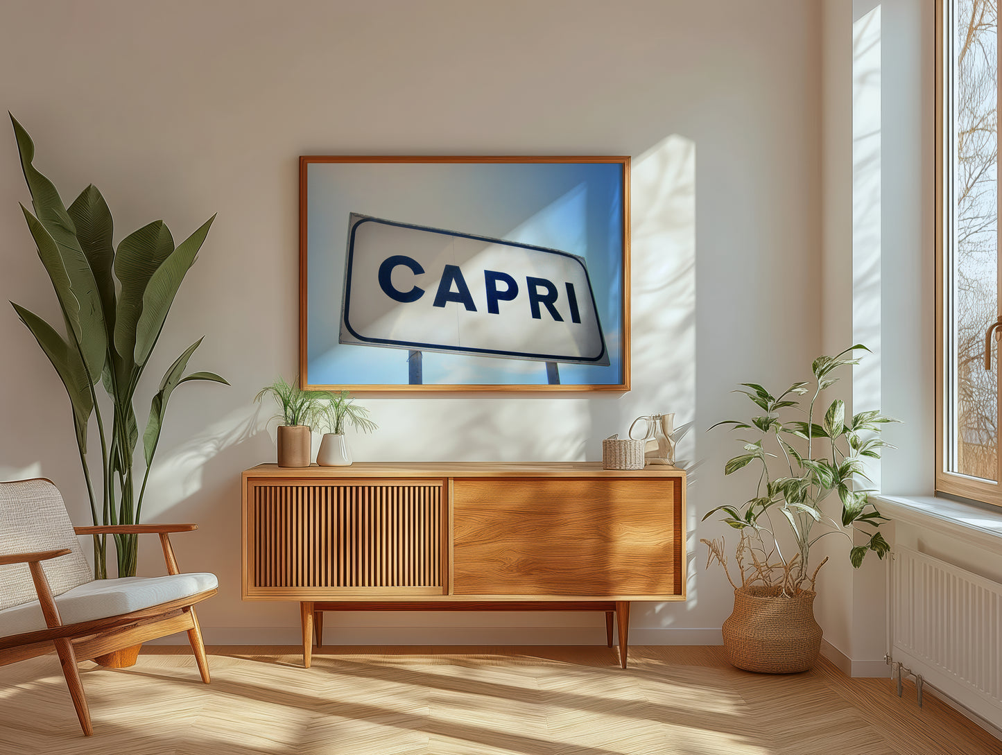 CAPRi art print featuring a Capri island sign in a minimalist mid-century style in a bright, sunlit room interior.
