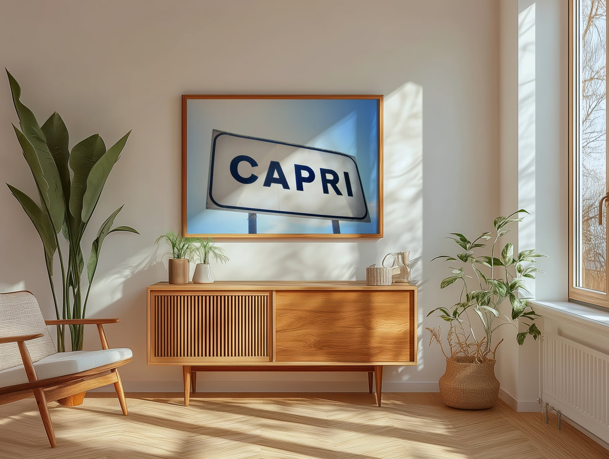 CAPRi art print featuring a Capri island sign in a minimalist mid-century style in a bright, sunlit room interior.