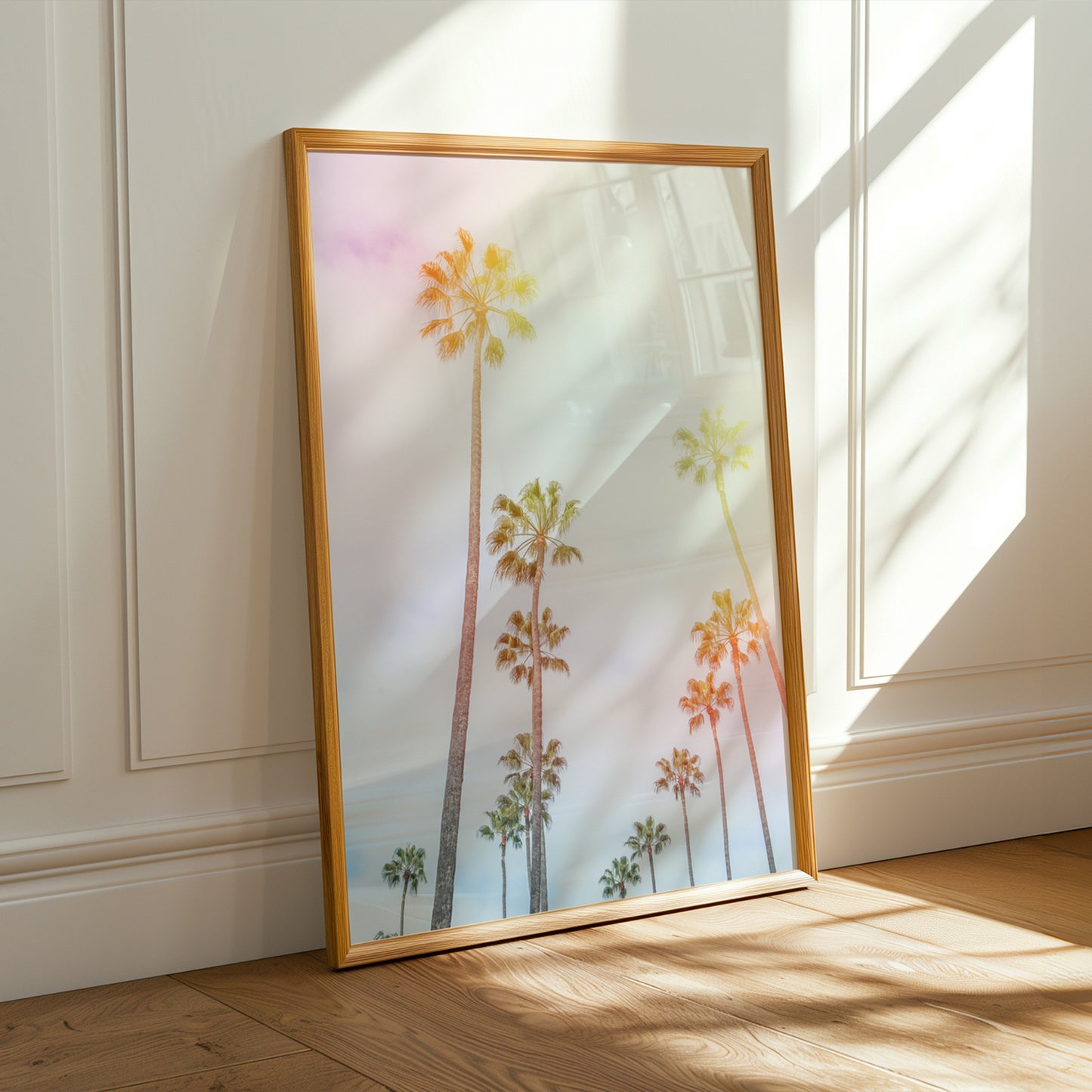 CARAMELO framed print of pastel-lit California palm trees with a dreamy, sun-soaked West Coast vibe.