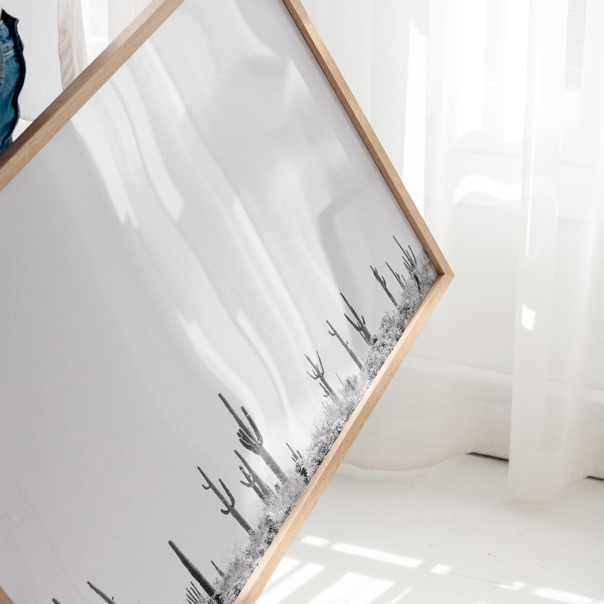 CARNEGiE GiGANTE black and white cactus landscape fine art print with towering saguaros in a minimal desert scene.