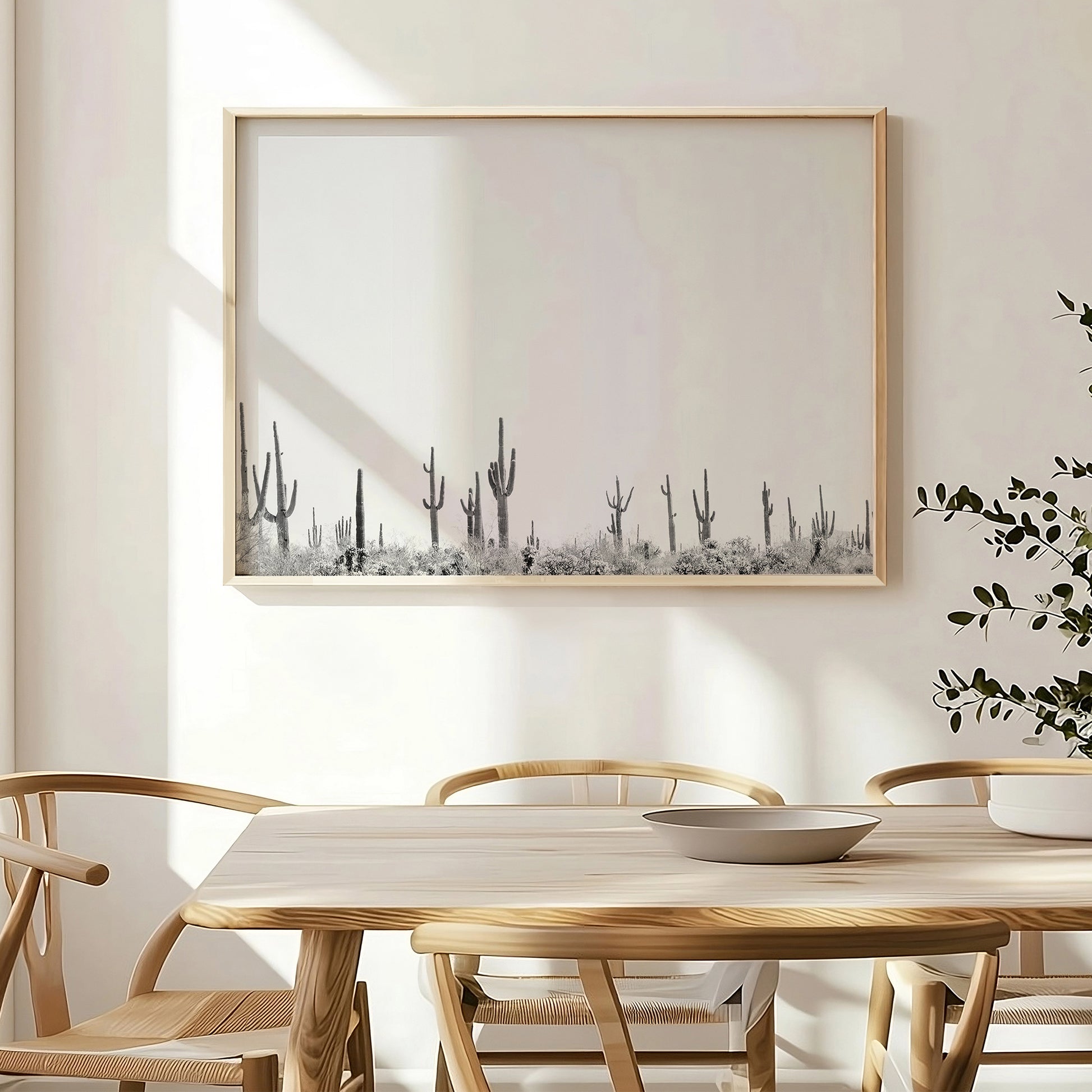 CARNEGiE GiGANTE black and white cactus landscape fine art print in a modern dining room with natural light.