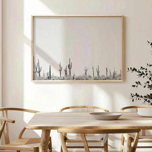CARNEGiE GiGANTE black and white cactus landscape fine art print in a modern dining room with natural light.