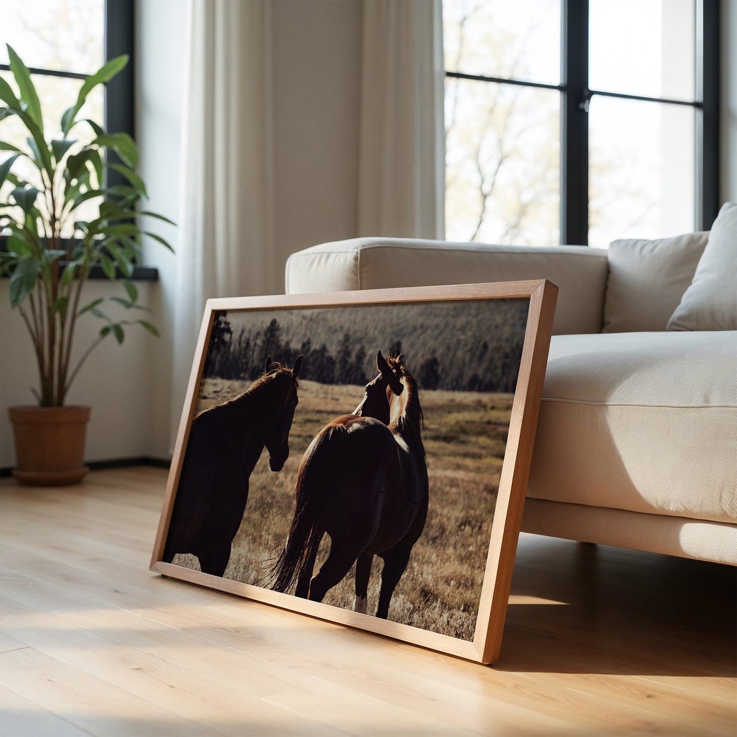 CAVALLE MONTAGNA framed photo of two horses in golden light on open plains capturing rustic Western spirit.