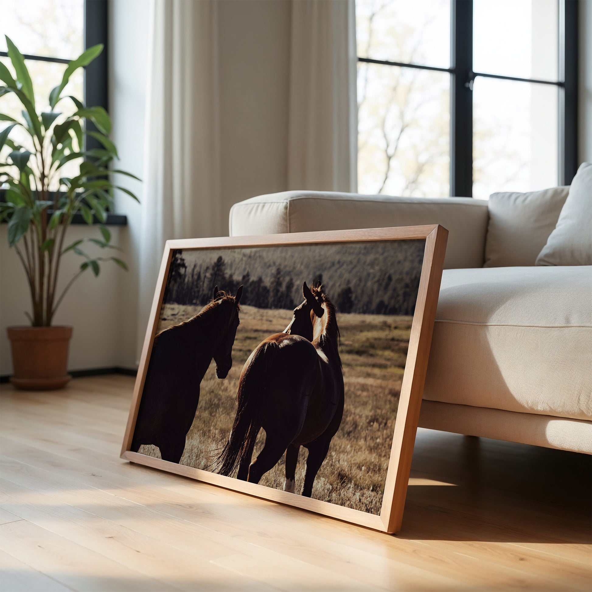 CAVALLE MONTAGNA framed photo of two horses in golden light on open plains capturing rustic Western spirit.