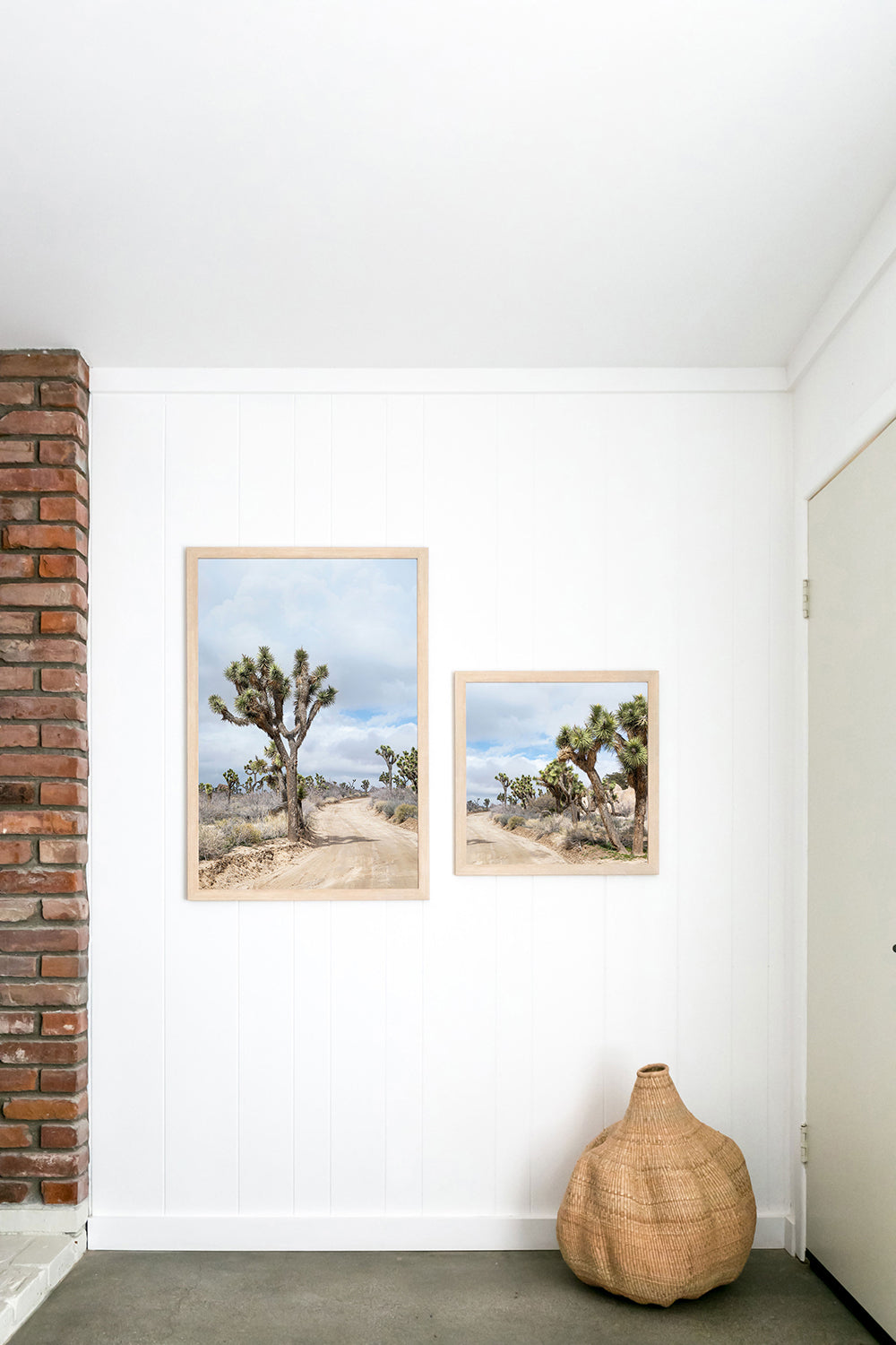 JOURNEY LEFT & RiGHT diptych featuring Joshua Tree desert scene in vertical and square frames on white wall.
